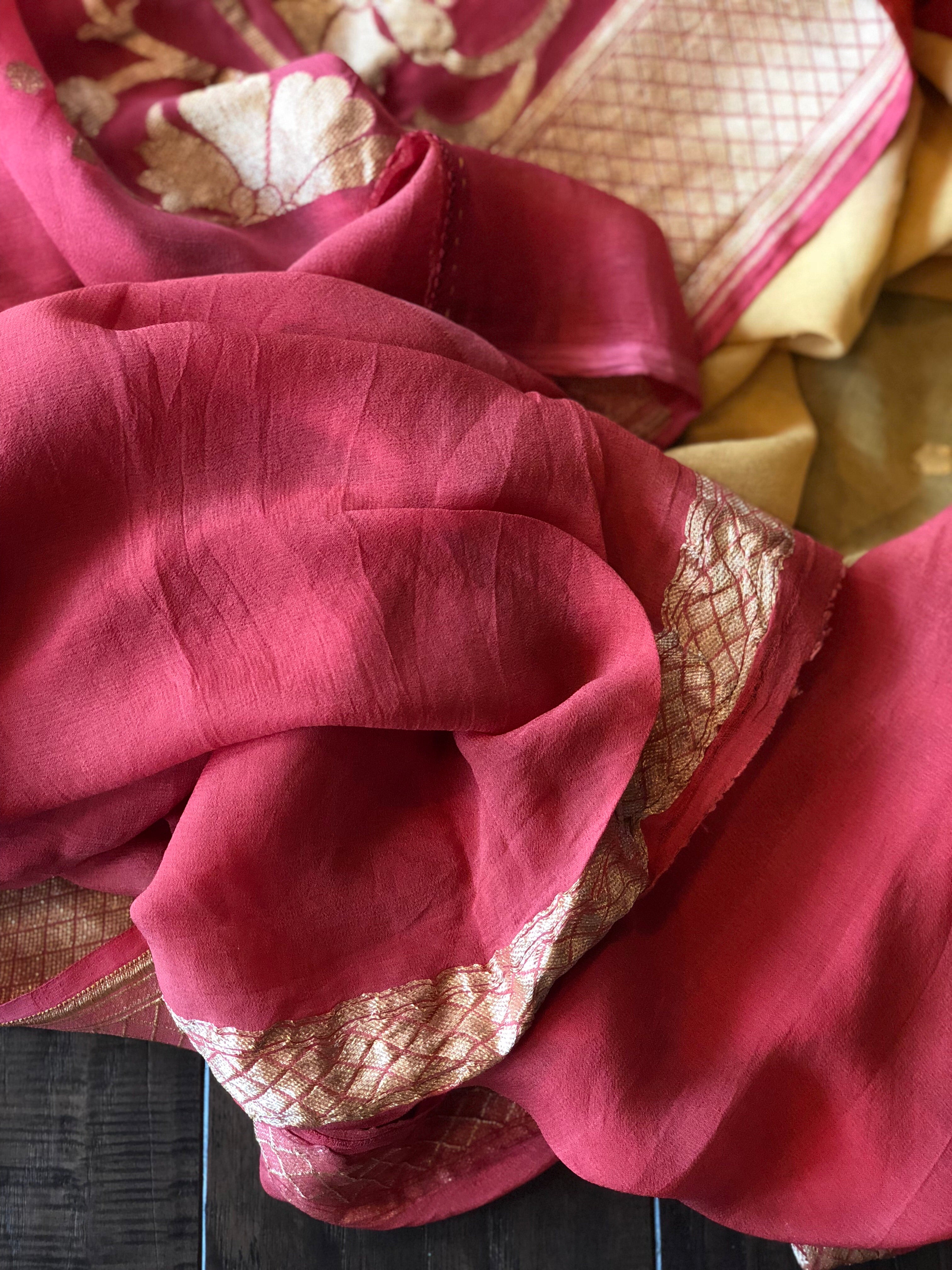 Khaddi Georgette Banarasi - Peach Occur Yellow Shaded