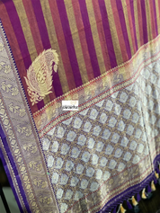 Pure Malmal Cotton Banarasi - Purple Striped Kadwa Zari Woven
