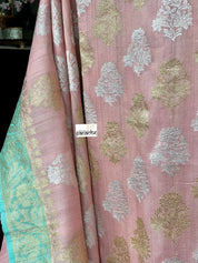 Tussar Georgette Banarasi- Peach Pink Sea Green