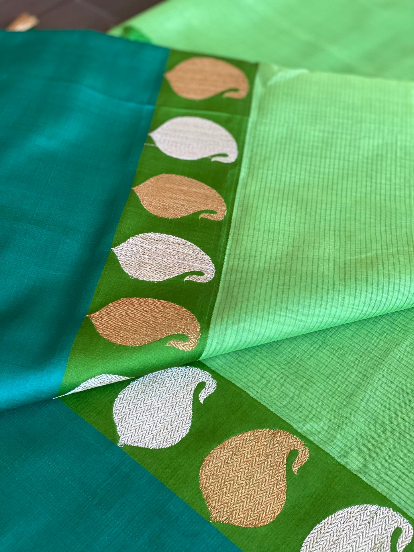 Pure Silk Cotton Banarasi - Green Firozi Khadwa Woven
