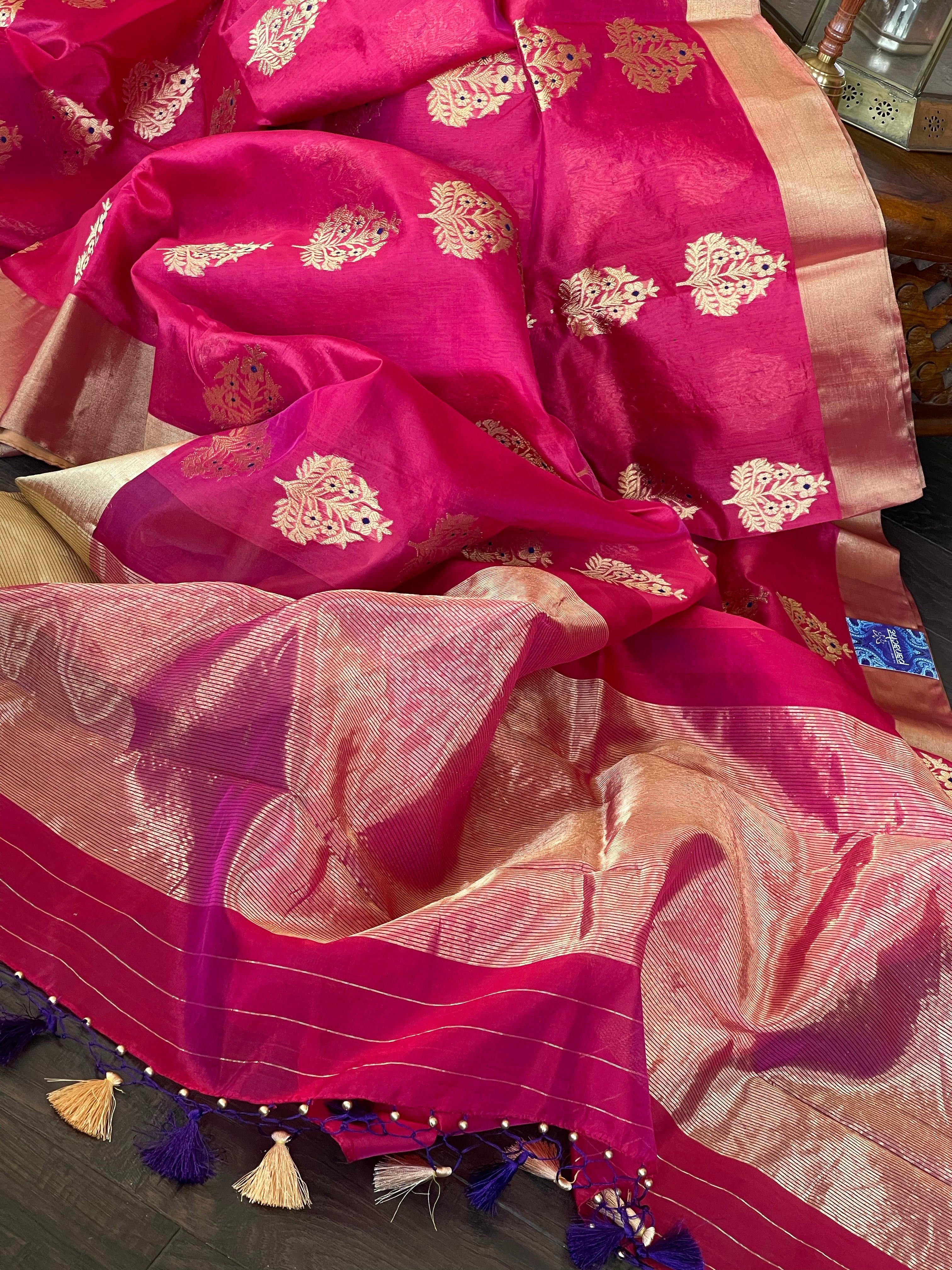 Pure Chanderi Pattu Silk - Magenta Pink Blue Iknaliya woven