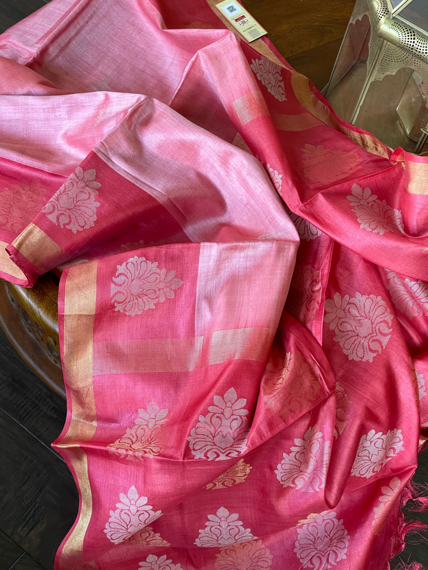 Pure Tussar Silk Woven - Pink resham woven