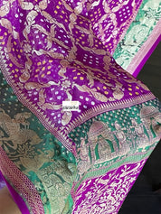 Bandhej Khaddi Georgette Banarasi - Purple Green