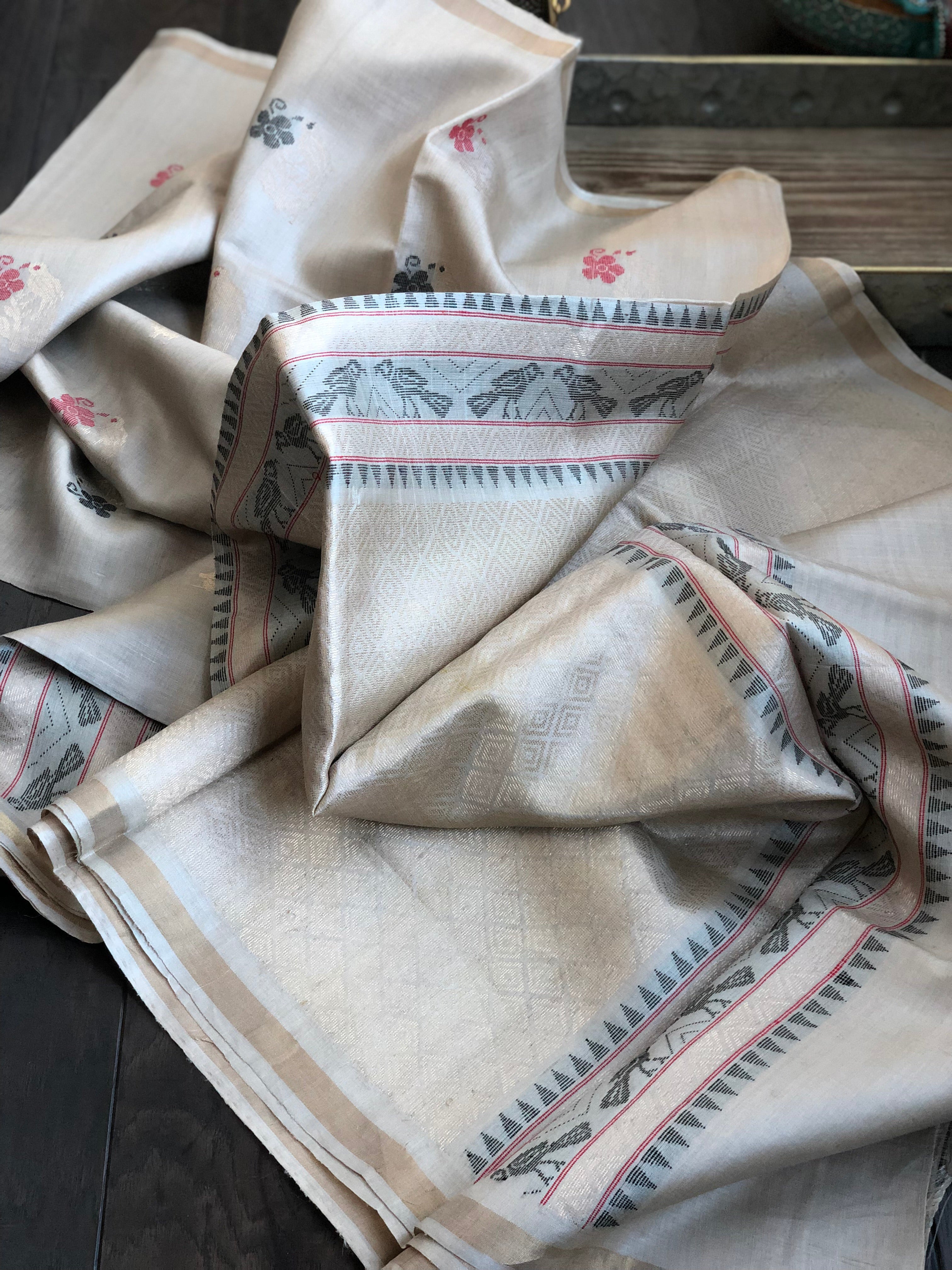 Pure Tussar Silk - Beige Red Resham Zari Woven