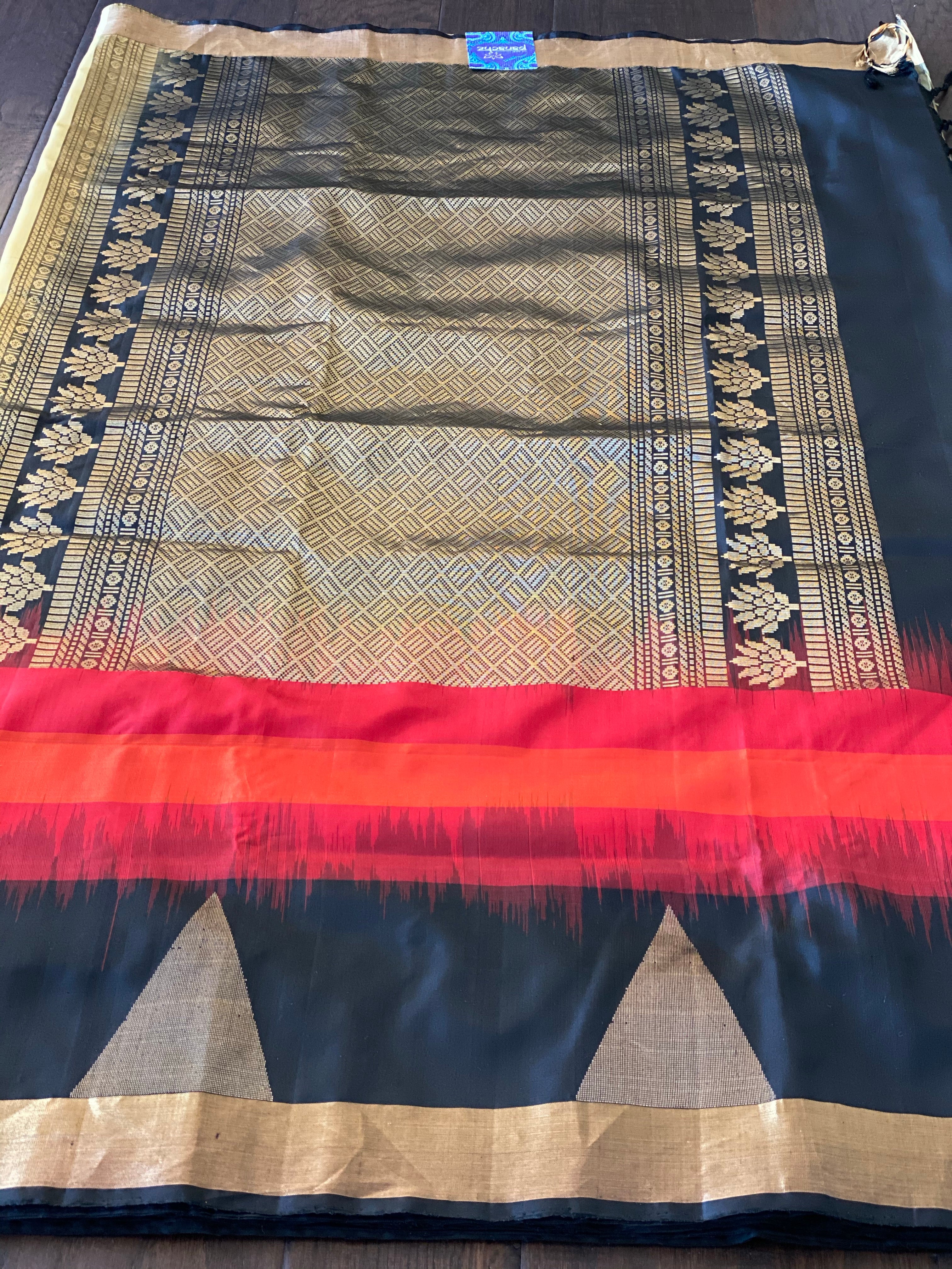 Pure Silk Kanjivaram - Ochre Golden Yellow Red Black