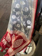 Muga Silk Banarasi - Grey Red Silver Zari