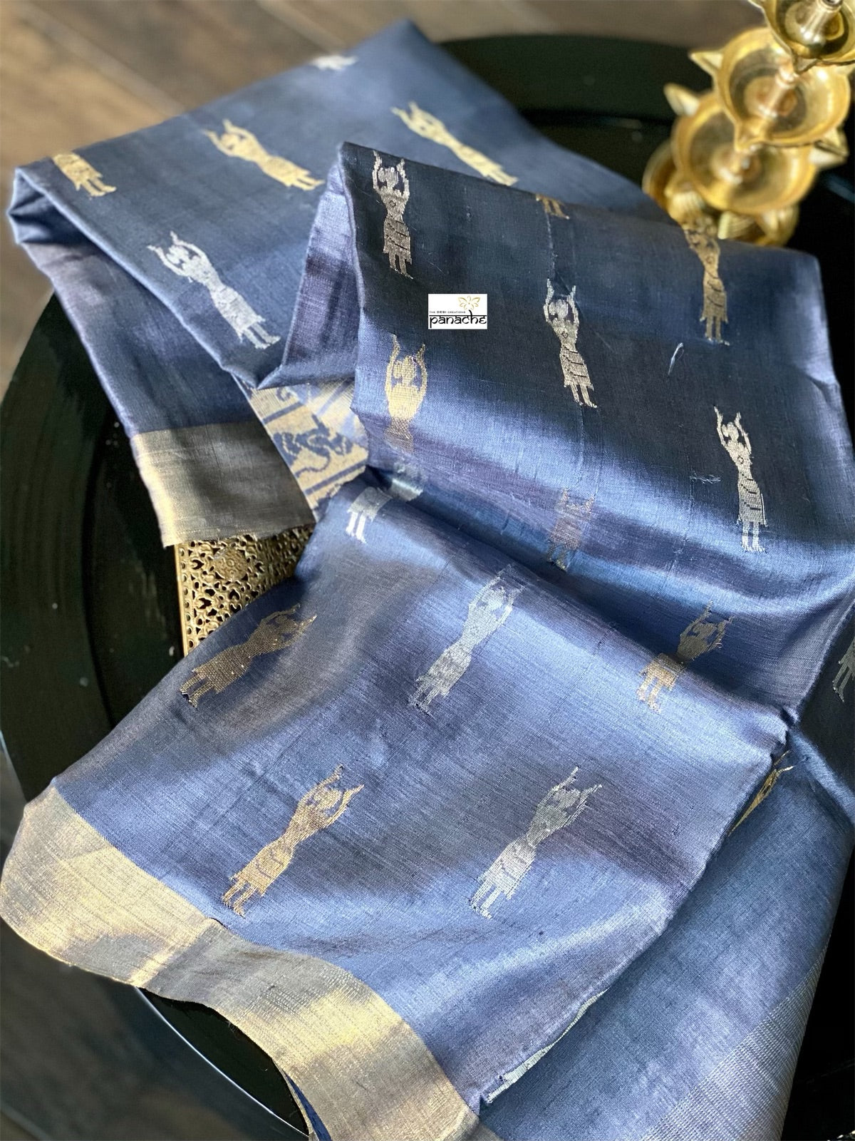 Tussar Silk - Metallic Blue Grey Resham Zari Woven