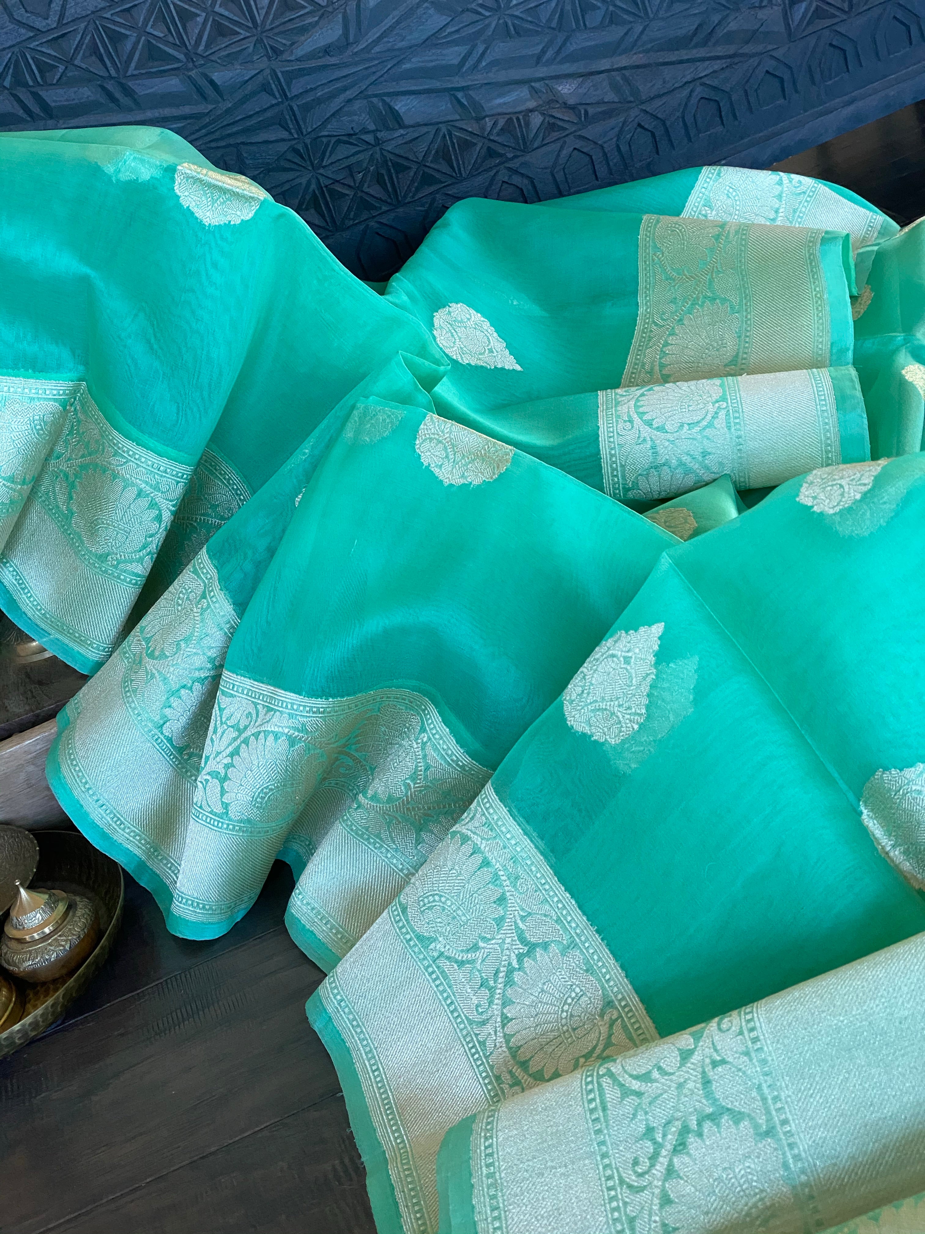 Organza Silk Banarsi - Sea Green Golden Zari