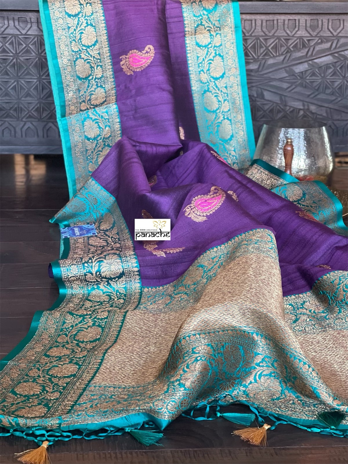 Tussar Silk Banarasi - Purple Firozi Meenakari