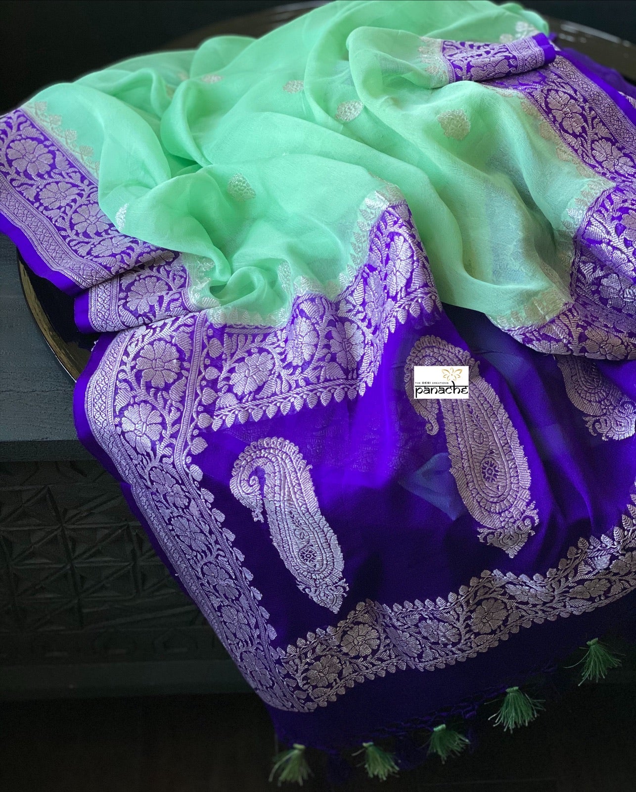 Chiffon Georgette Silk Banarasi - Mint Green Purple Silver Zari