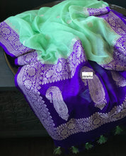 Chiffon Georgette Silk Banarasi - Mint Green Purple Silver Zari