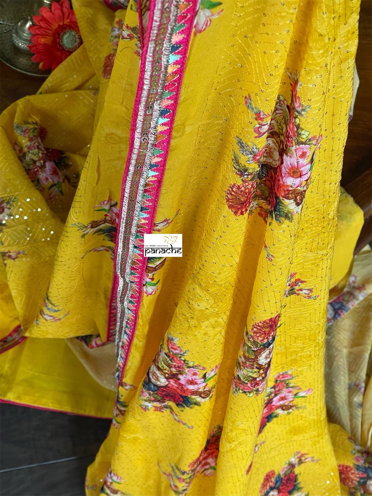 Designer Crepe Georgette Sequin Floral  - Yellow Red Pink
