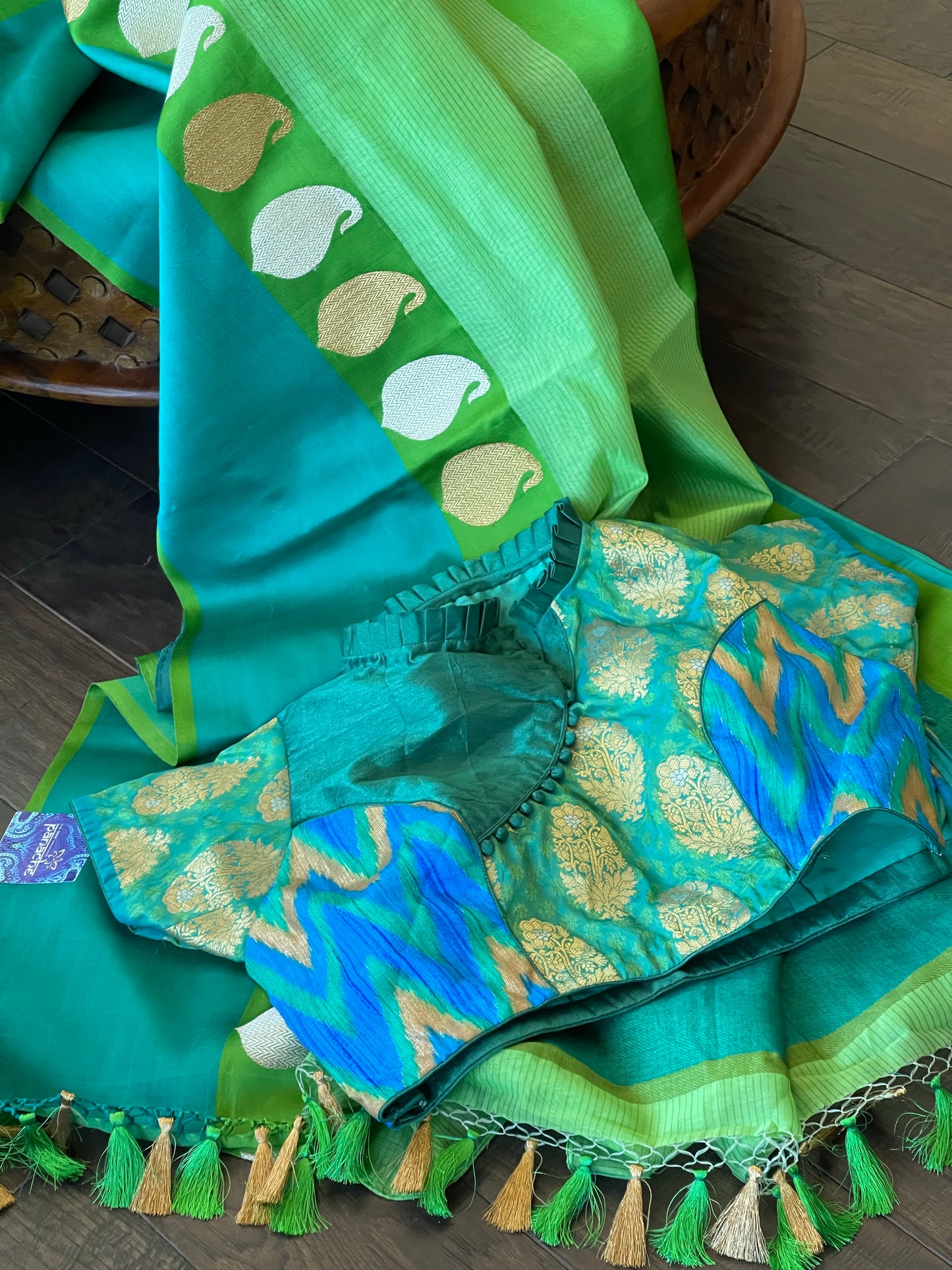 Pure Silk Cotton Banarasi - Green Firozi Khadwa Woven