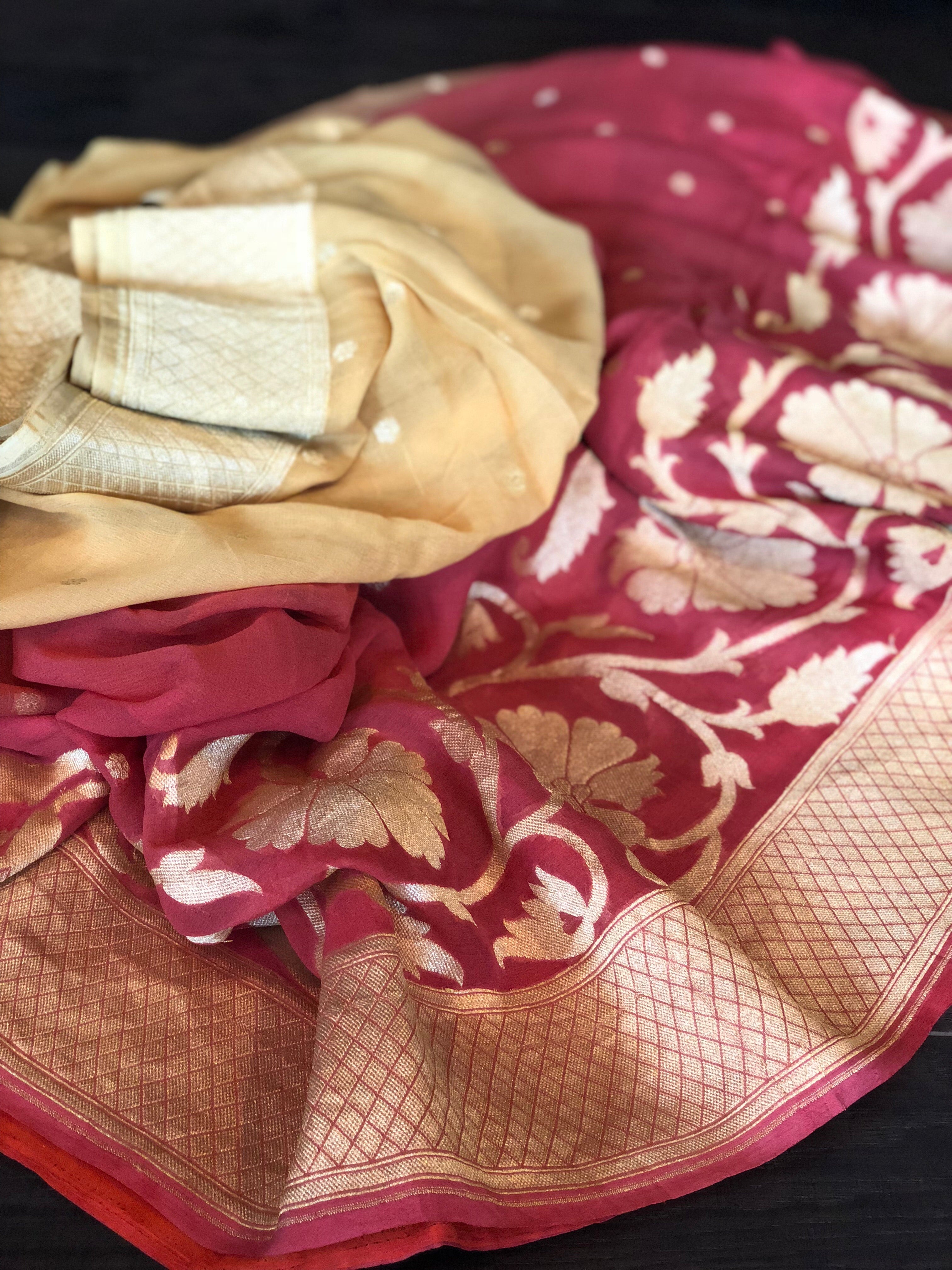 Khaddi Georgette Banarasi - Peach Occur Yellow Shaded