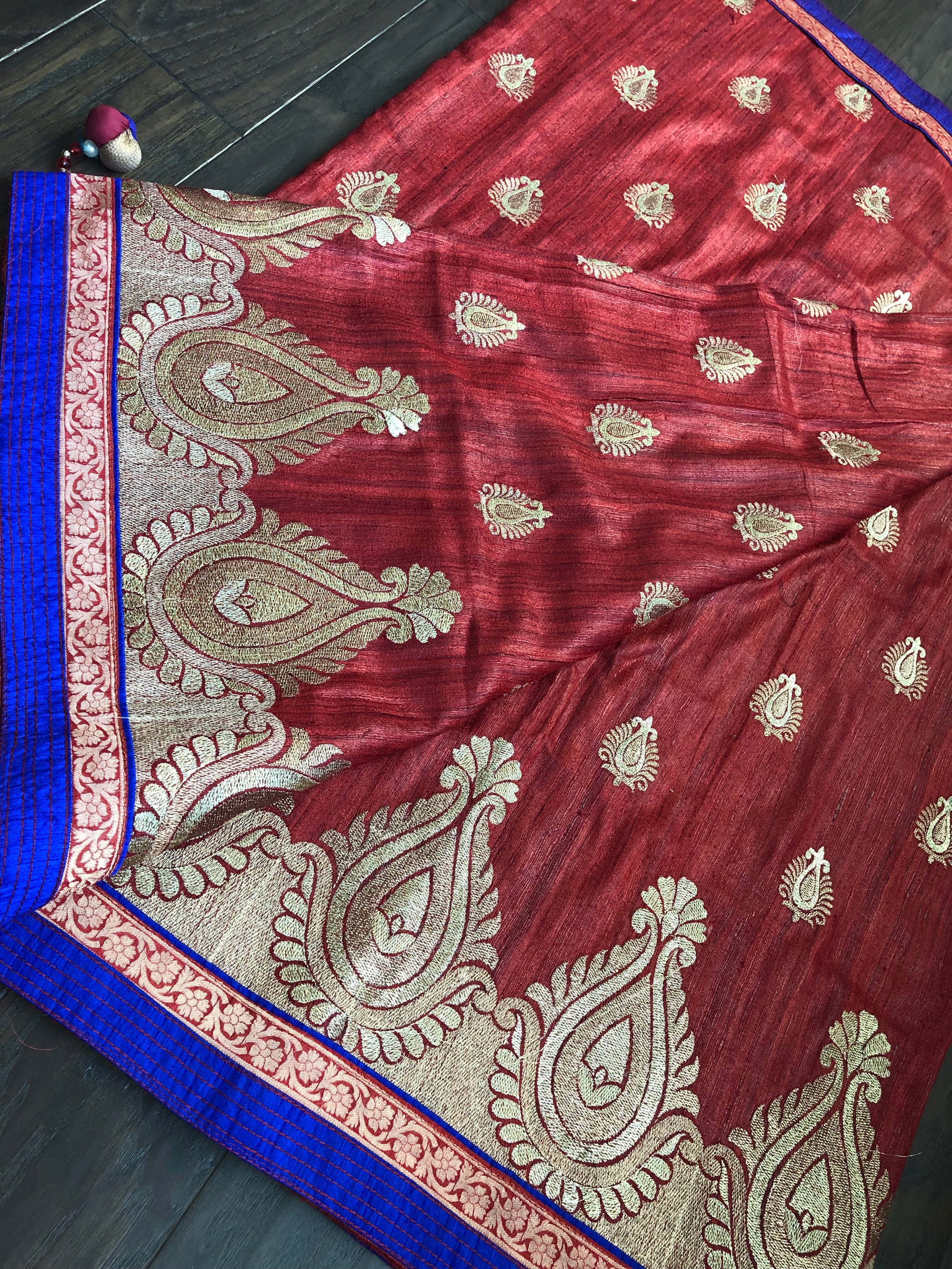 Designer Tussar Gicha Silk - Reddish Maroon Zari Motifs