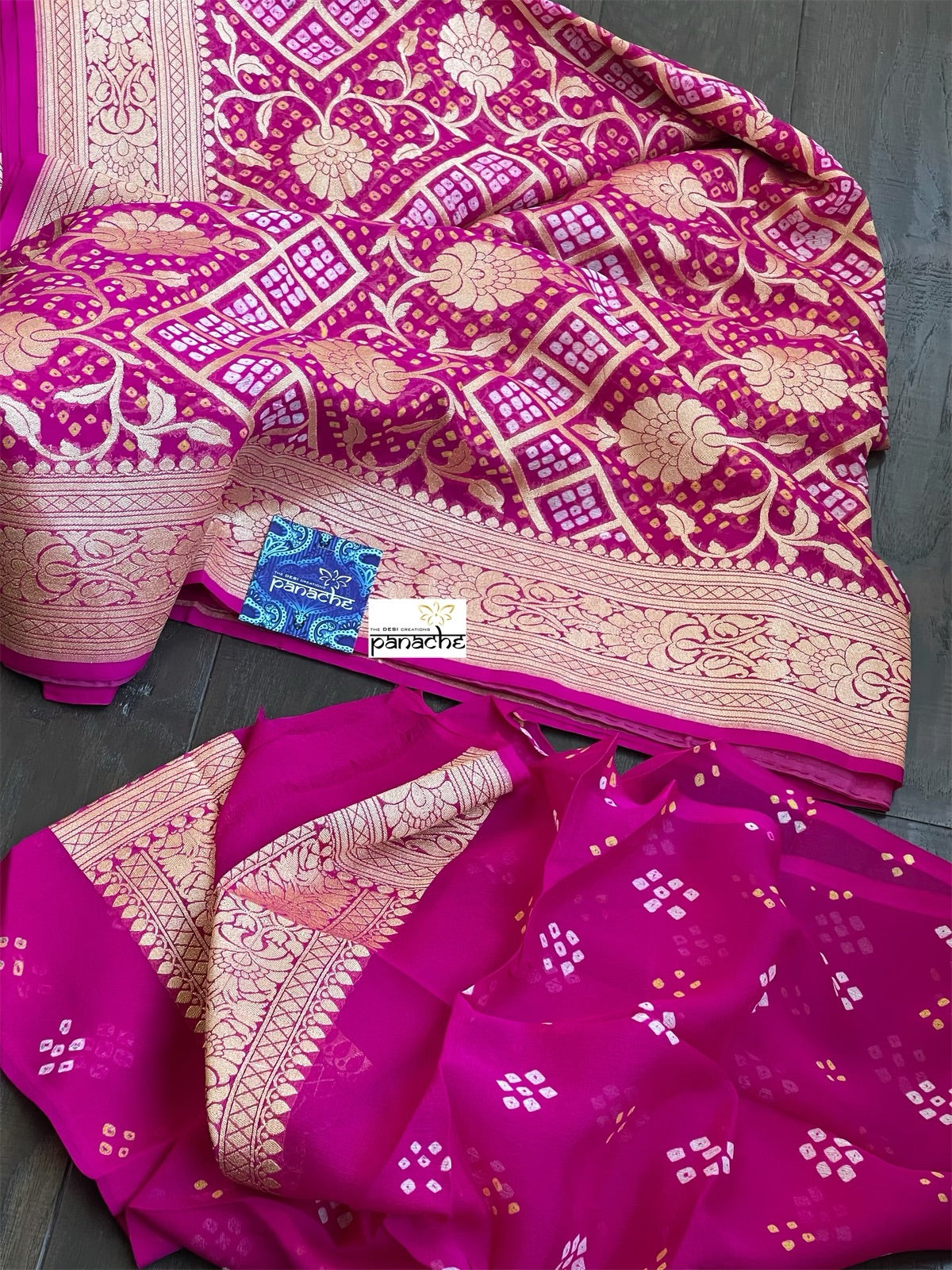 Bandhej Khaddi Georgette Banarasi - Magenta Pink