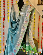 Tussar Georgette Banarasi - Grey Green Kadwa