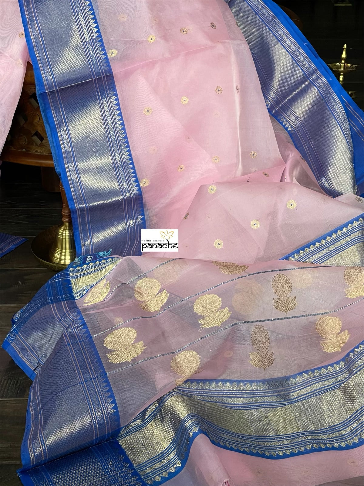 Pure Chanderi Organza Silk - Baby Pink Blue Eknaliya