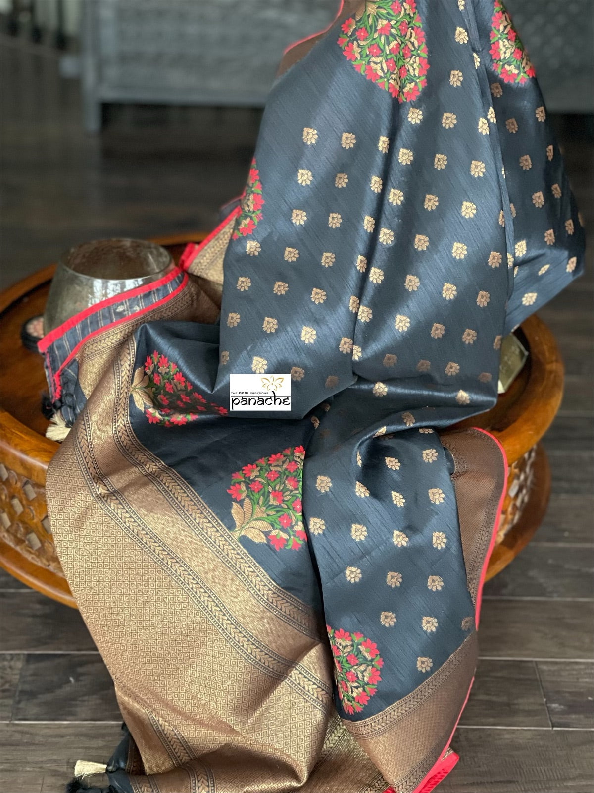 Tussar Silk Banarasi - Black Red Meenakari