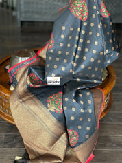 Tussar Silk Banarasi - Black Red Meenakari
