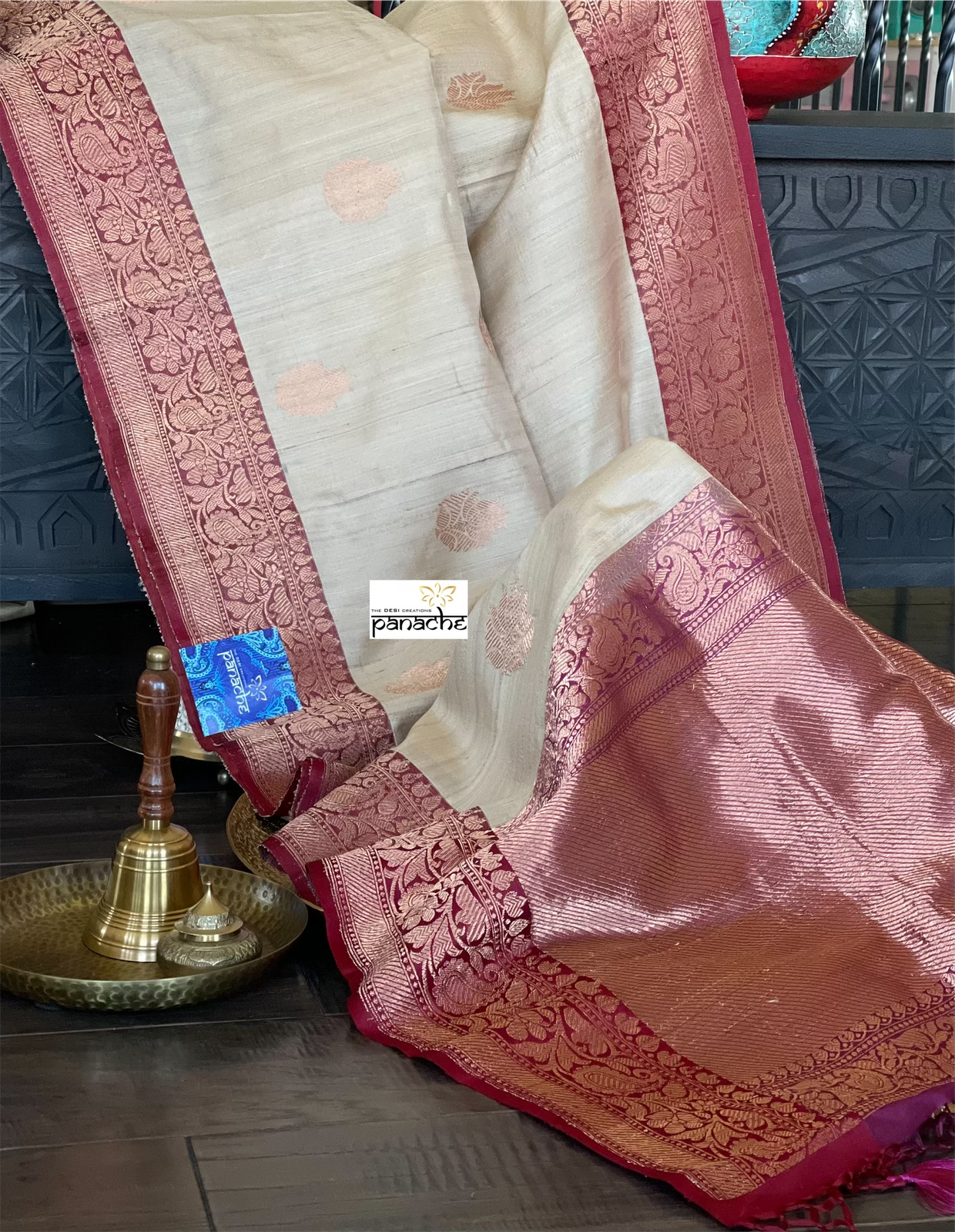 Pure Tussar Silk Banarasi - Beige Maroon