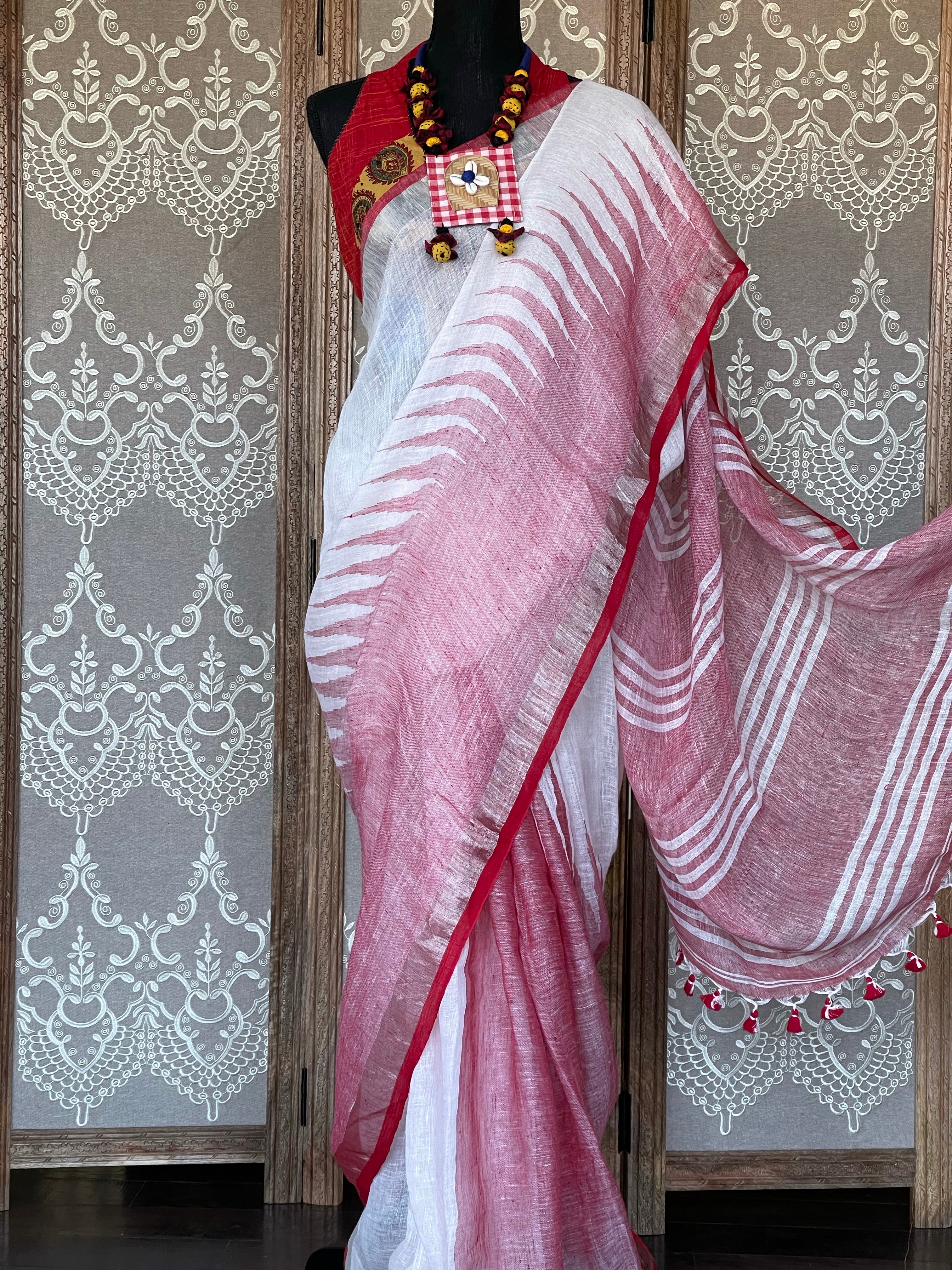 Pure Linen Handloom - White Red Temple