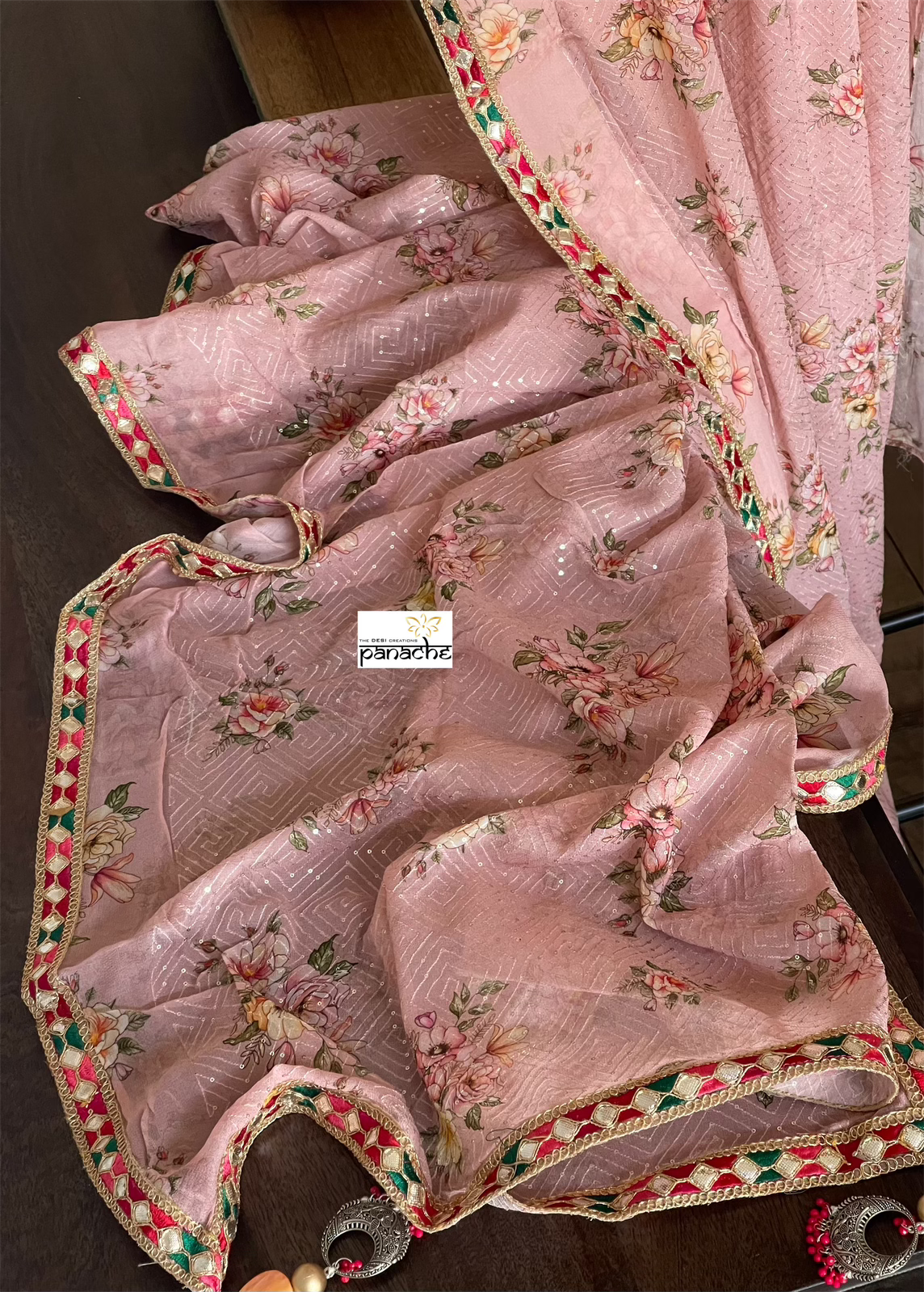 Designer Crepe Georgette Sequin Floral  - Dusty Pink