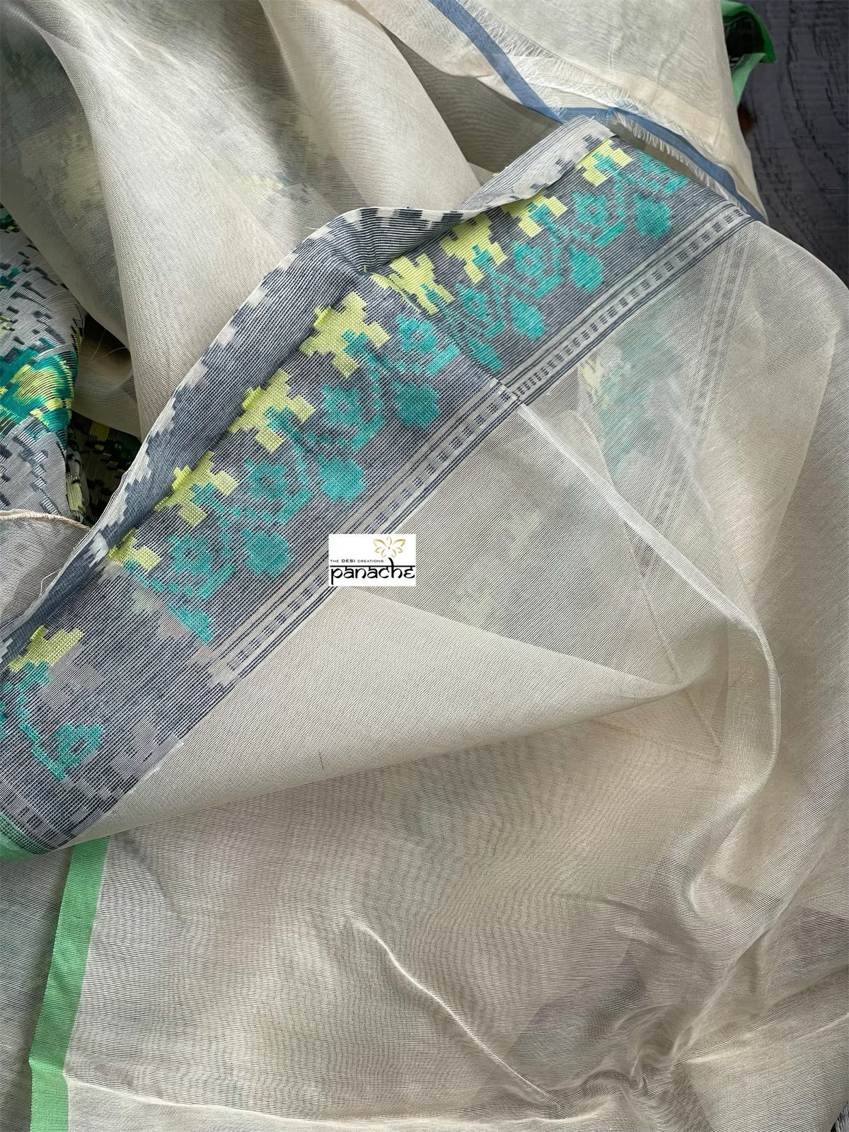 Pure Silk Cotton Kora Patola Banarasi - Offwhite Grey Green Woven