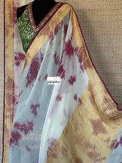 Khaddi Georgette Banarasi - Off-White Wine Purple Tie-dye Khadhua Woven