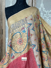 Pen Kalamkari Tussar Silk - Hand-painted Brick Red