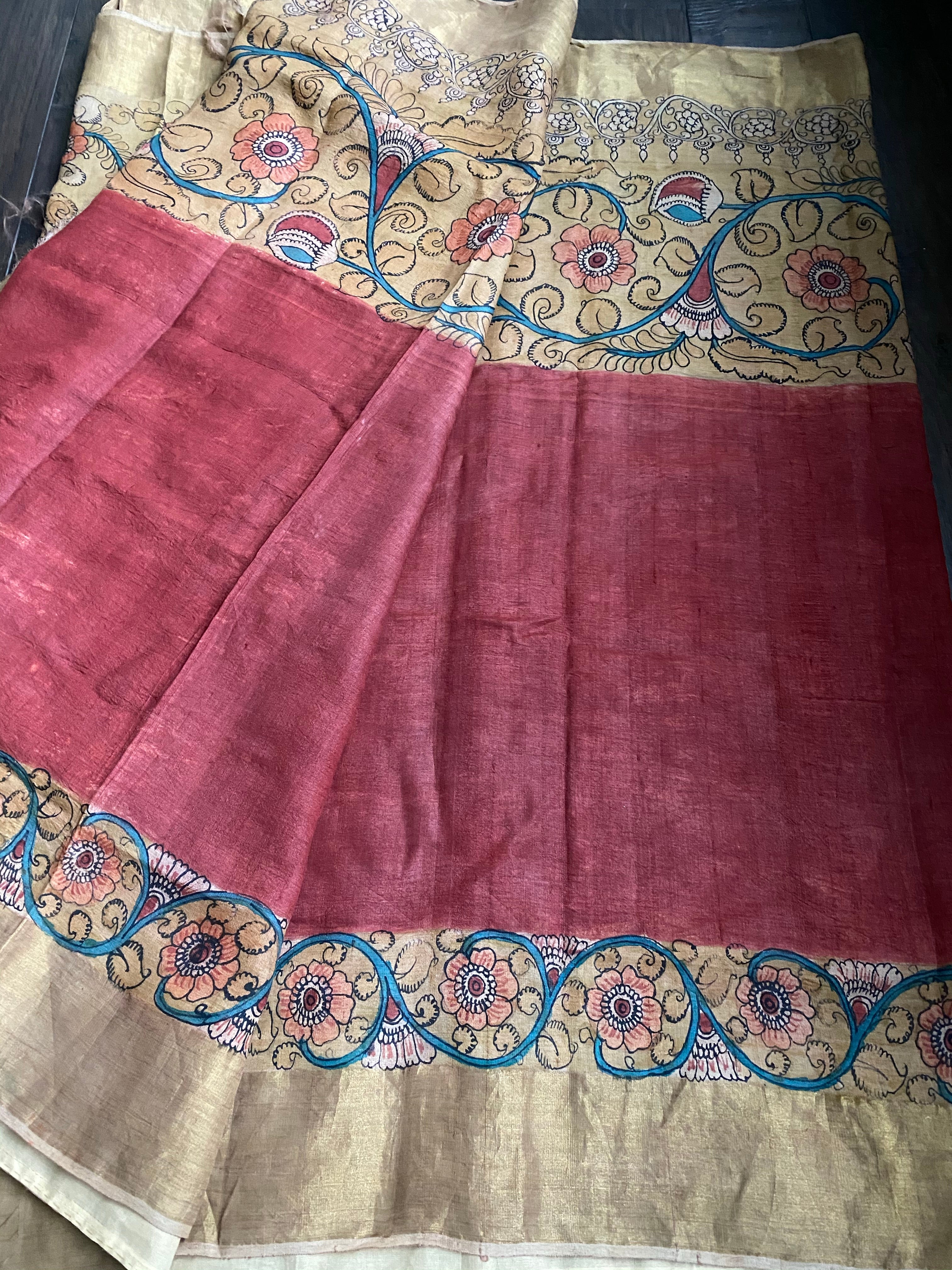 Pen Kalamkari Tussar Silk - Hand-painted Brick Red