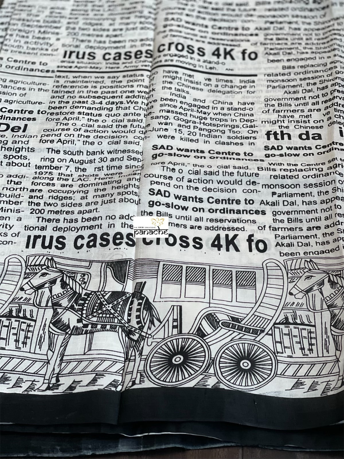 Pure Bishnupur Silk -  Offwhite Black Newspaper Printed