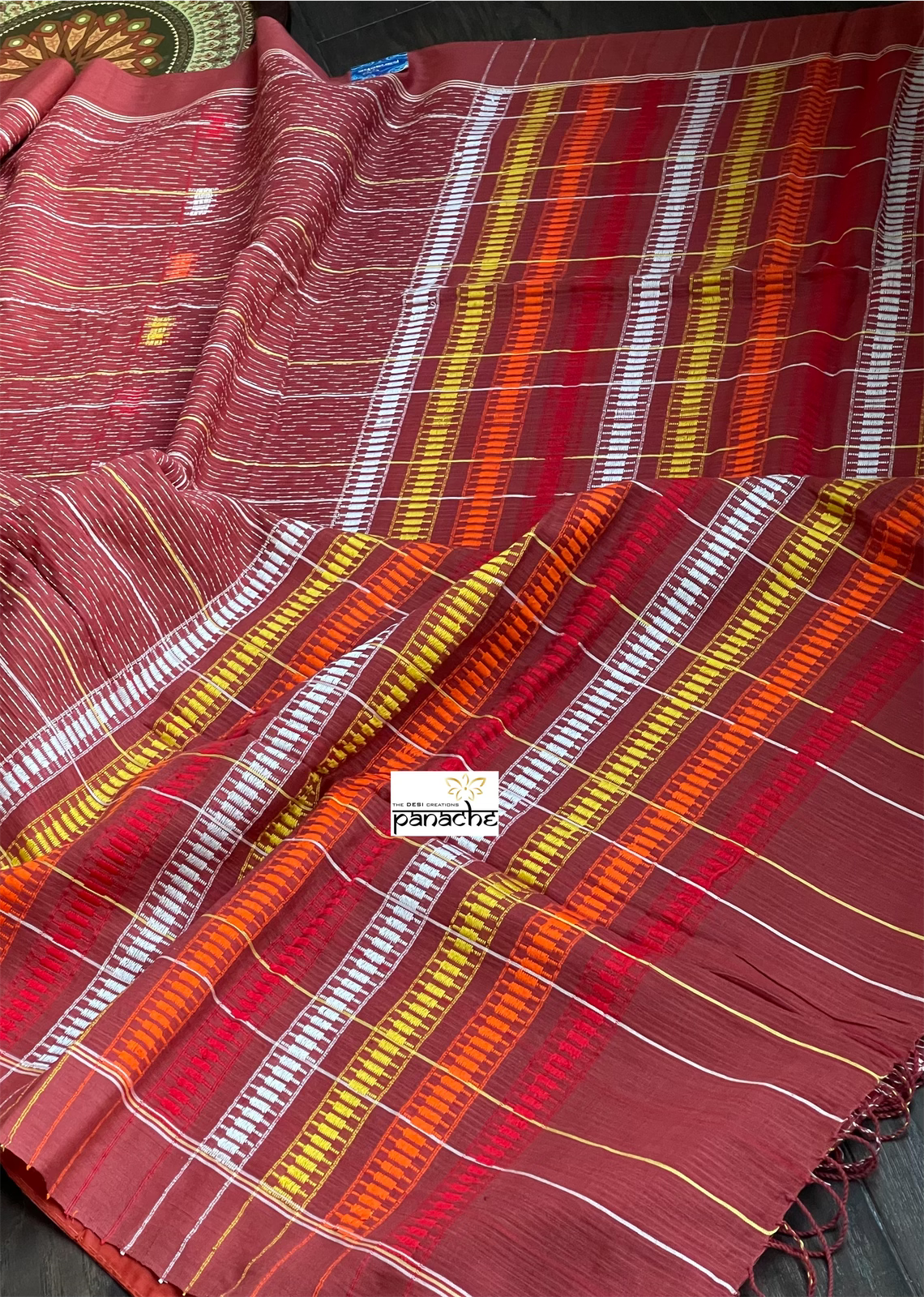 Pure Cotton Khes Kantha Stitch -  Rust Maroon Multi Color