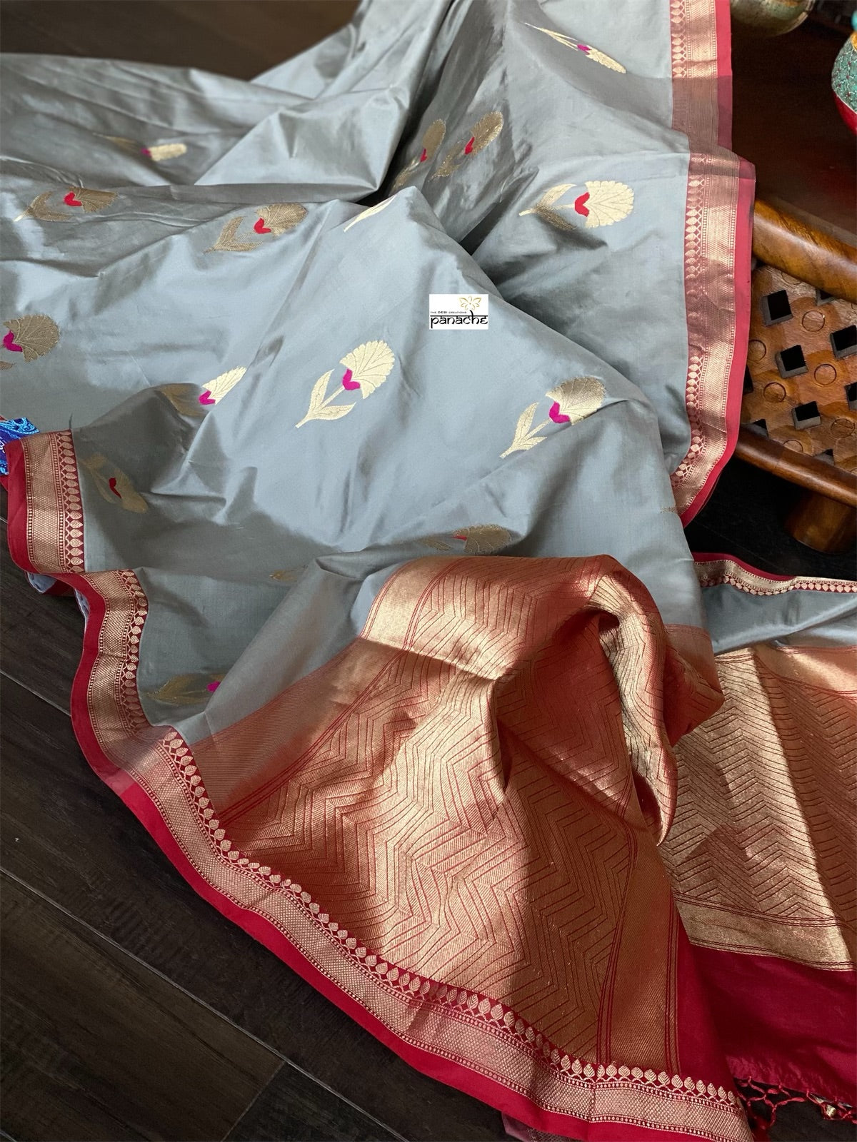 Katan Silk Banarasi - Grey Red Meenakari