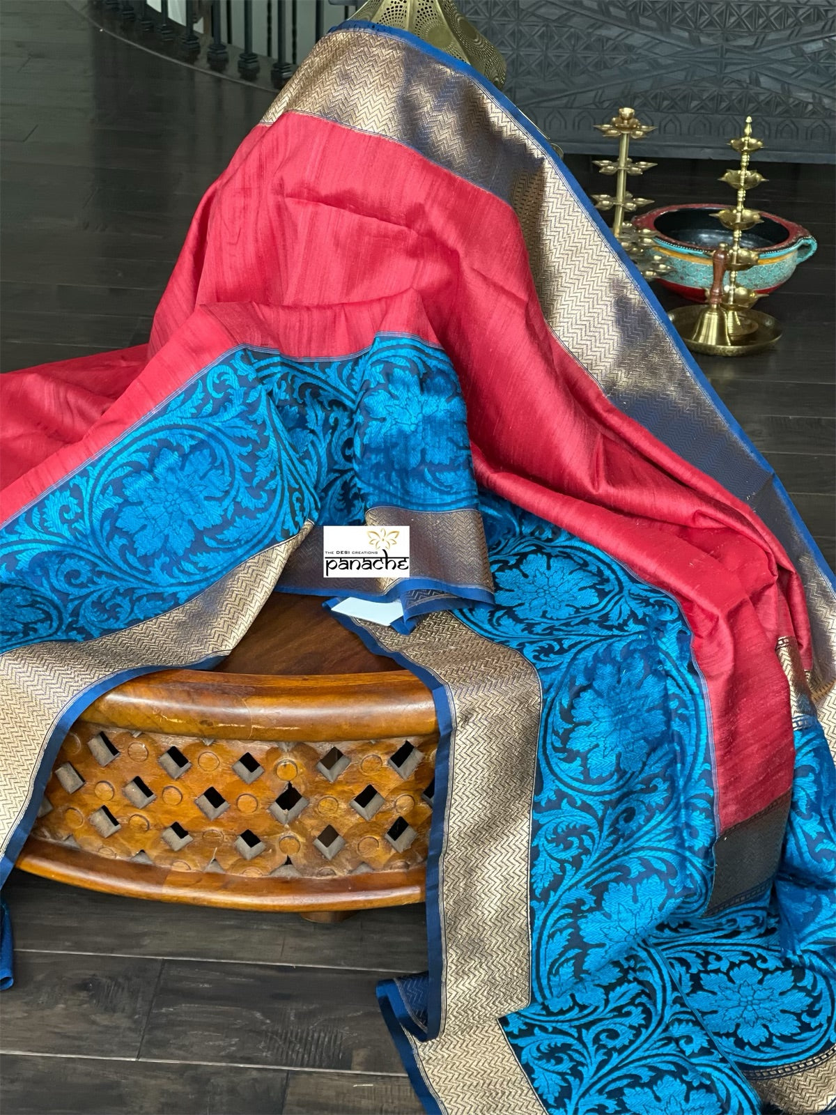 Tussar Silk Banarasi - Red Blue Kadwa