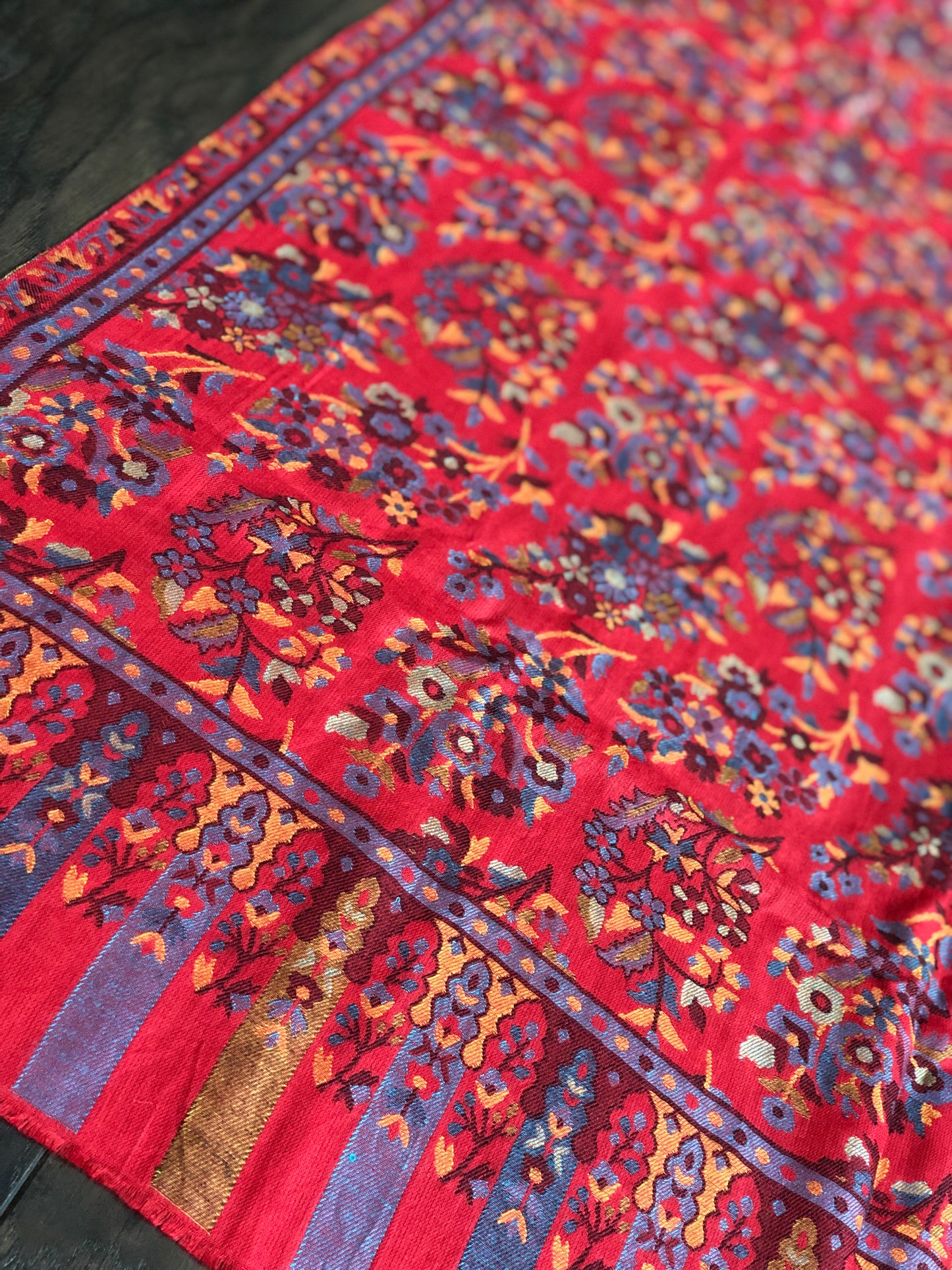 Kashmiri Semi Pashmina Stole - Red Multi 2 Resham Woven
