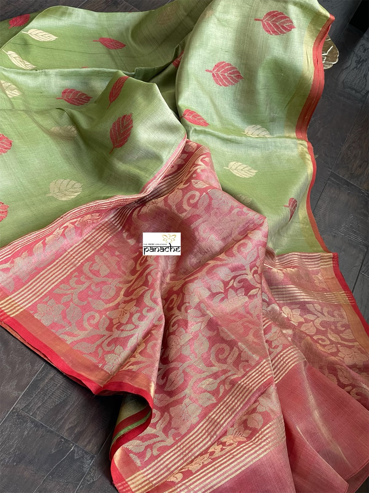 Tissue Tussar Silk - Green Red Woven