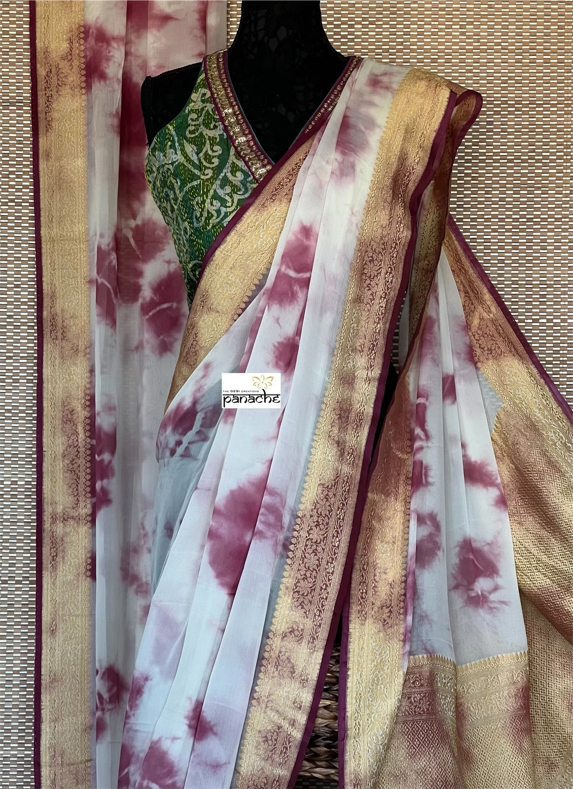 Khaddi Georgette Banarasi - Off-White Wine Purple Tie-dye Khadhua Woven
