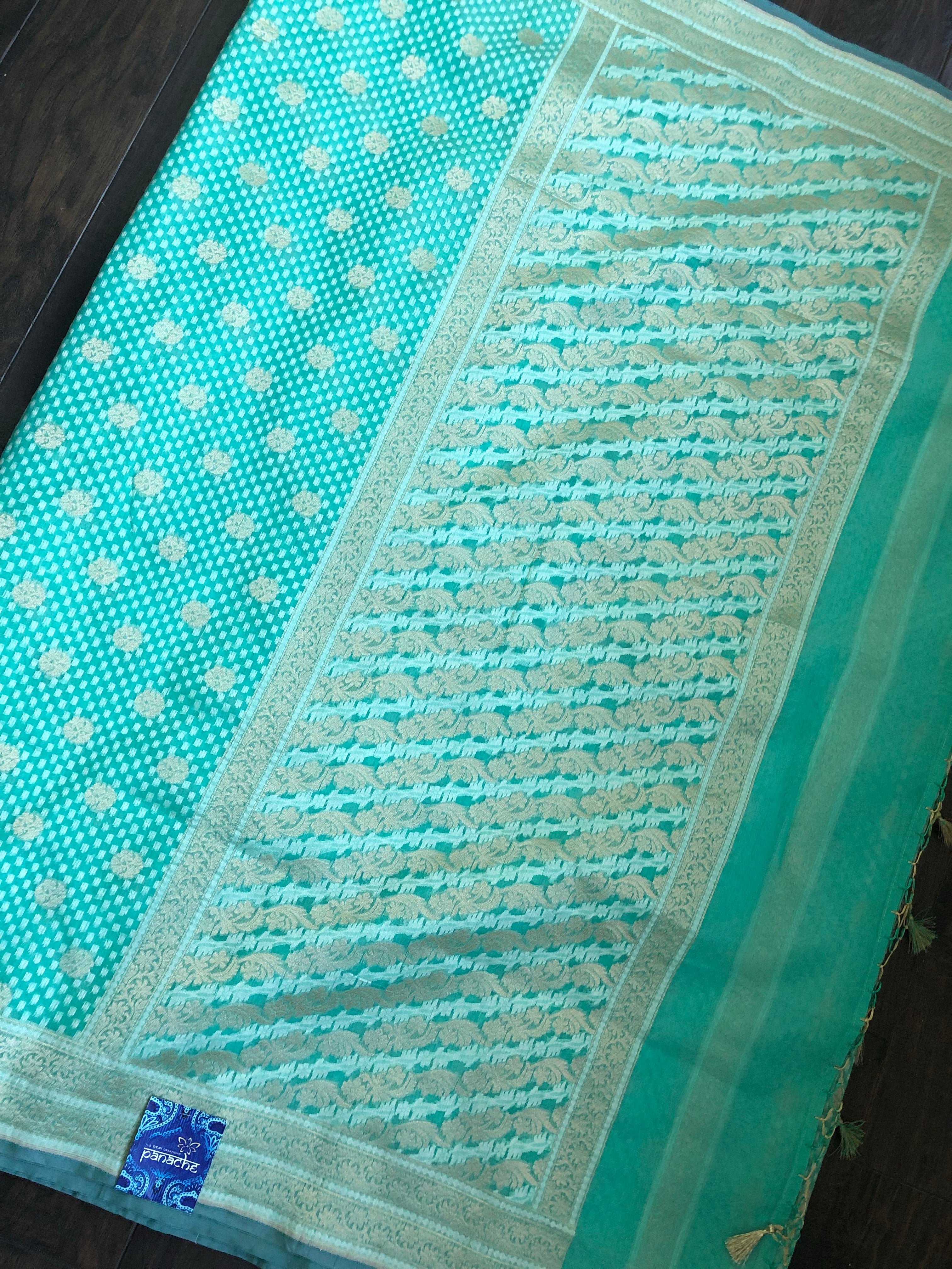 Silk Cotton Jamdaani Kora Banarasi - Sea Green Zari woven