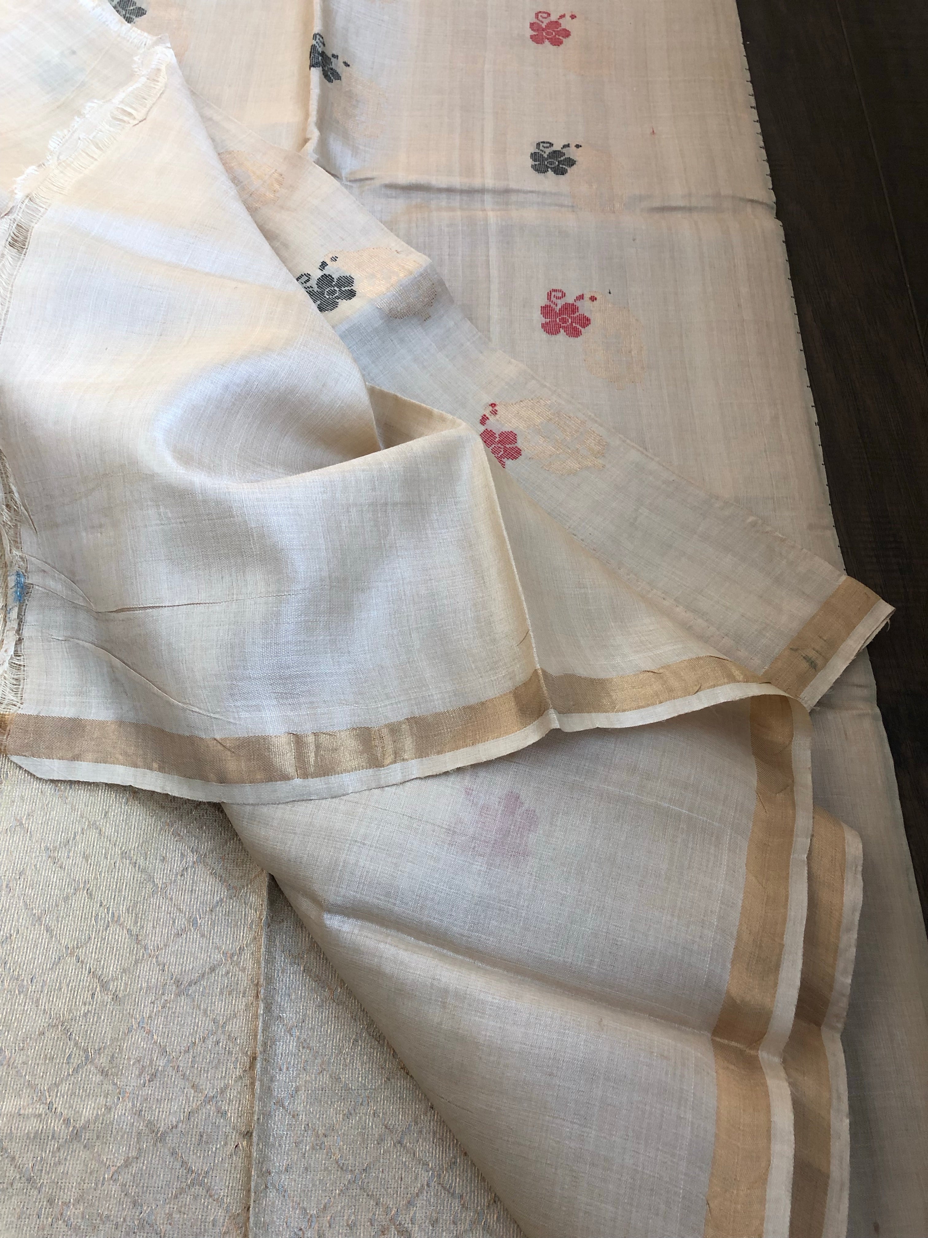 Pure Tussar Silk - Beige Red Resham Zari Woven
