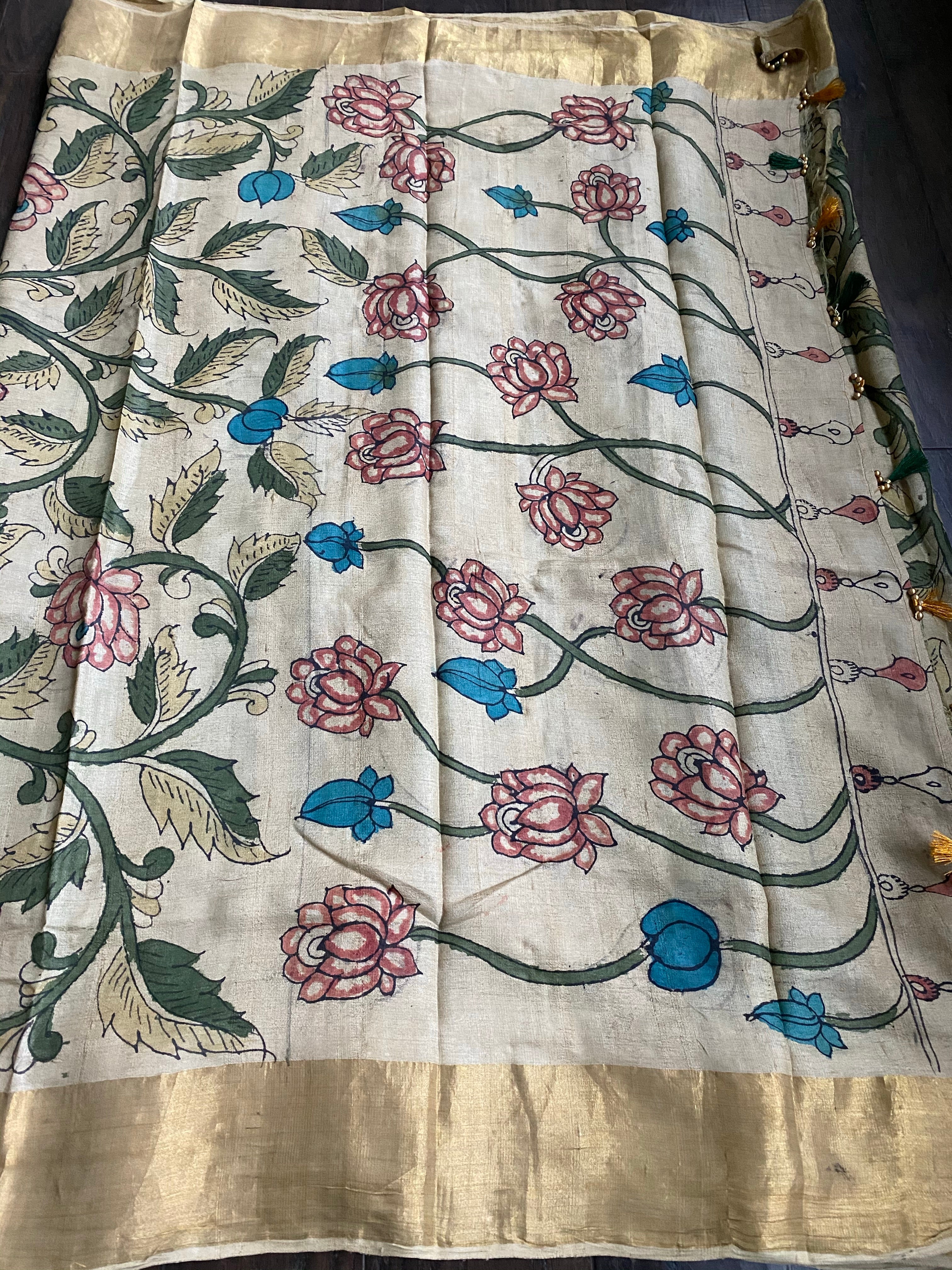 Pen Kalamkari Tussar Silk - Hand-painted Beige Green