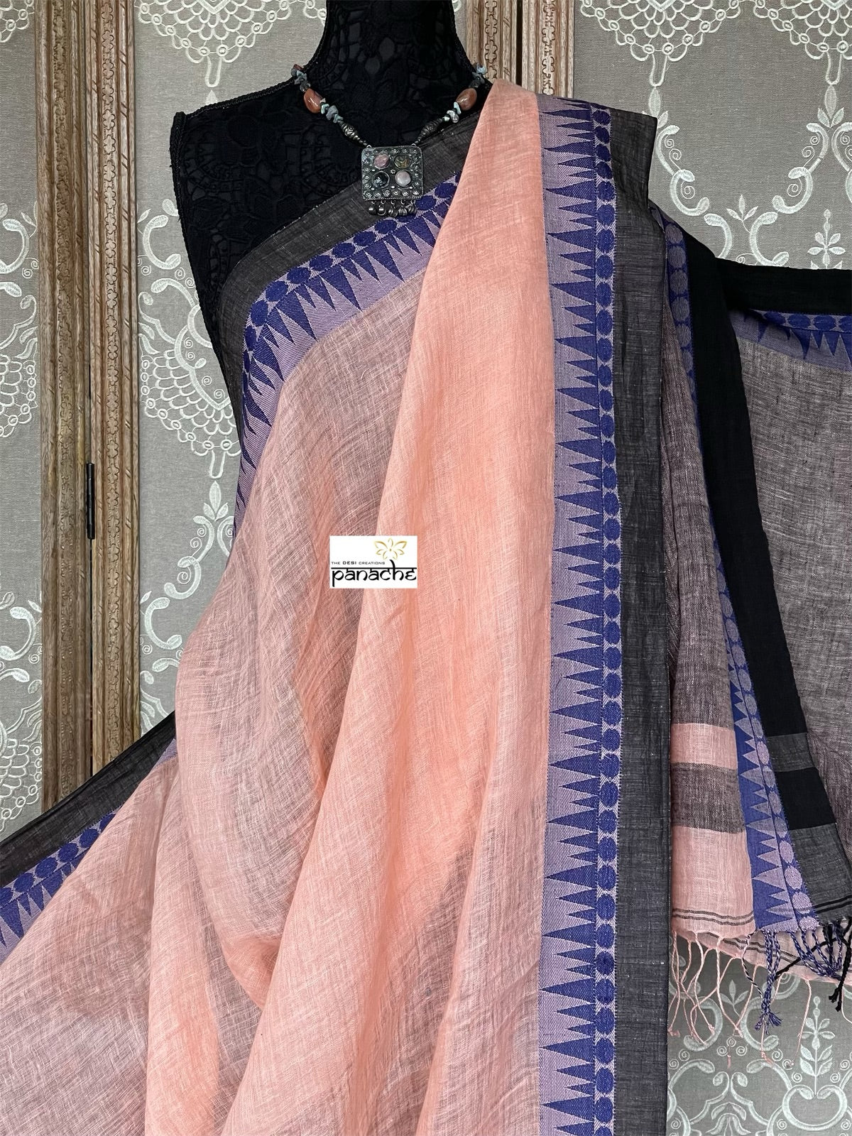 Pure Handloom Linen - Peach Blue Jamdaani Weave
