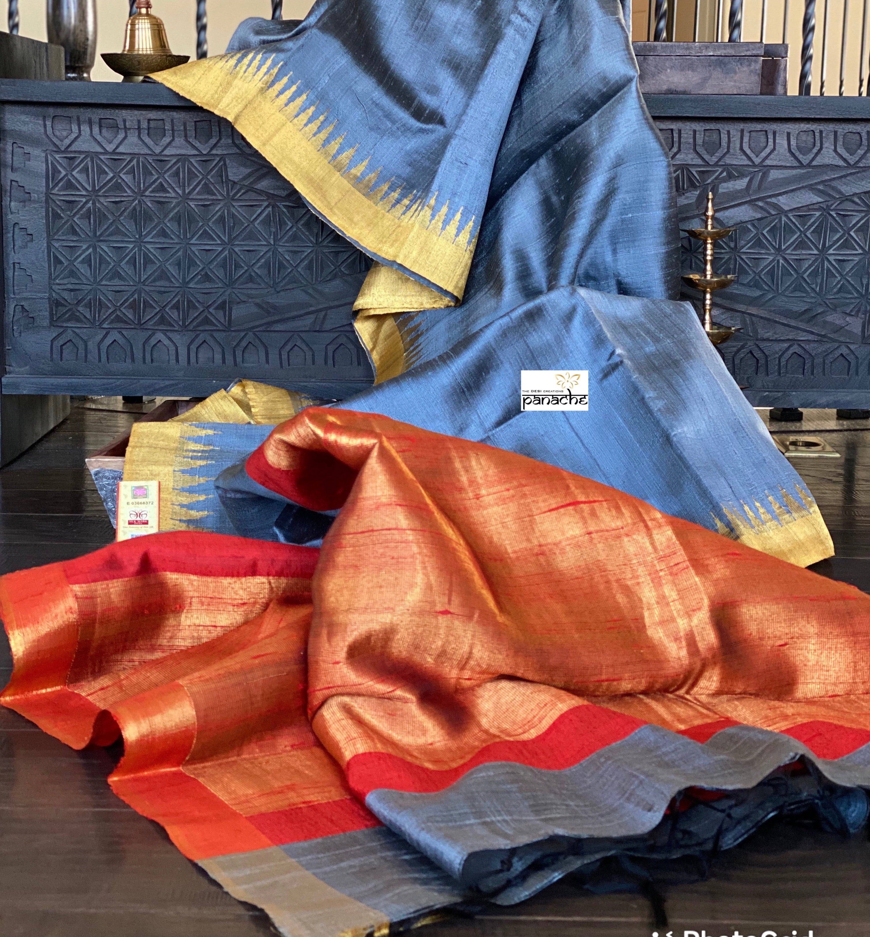 Pure Raw Silk -  Grey Body Red Pallu