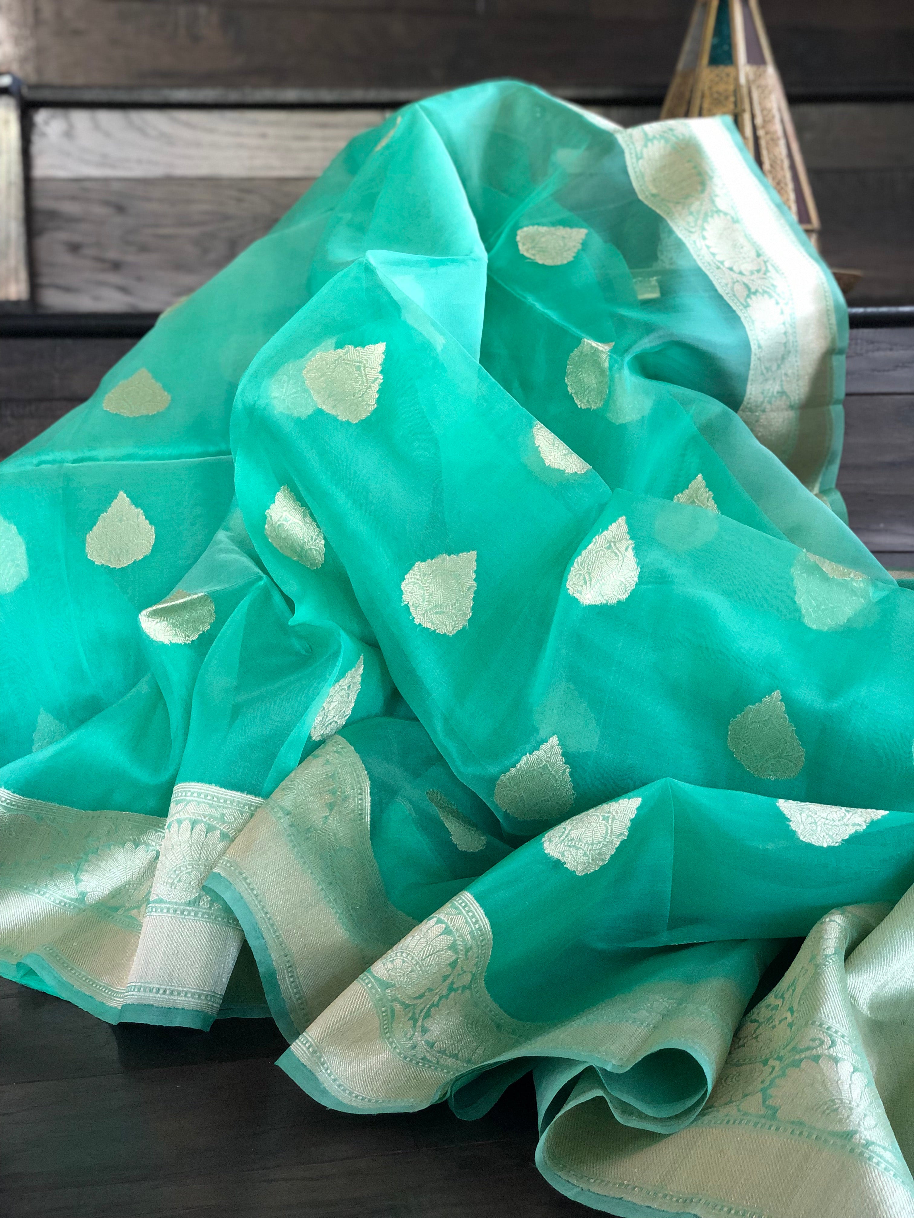 Organza Silk Banarsi - Sea Green Golden Zari
