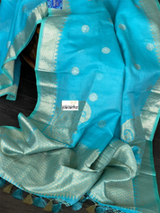 Pure Malmal Cotton Banarasi - Firozi Blue Kadwa Zari Woven
