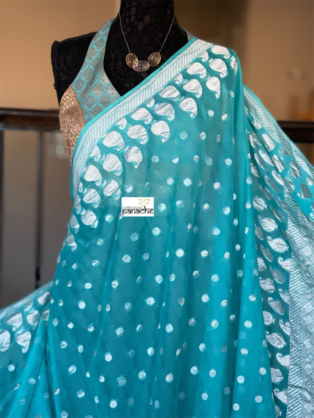 Khaddi Georgette Banarasi - Firozi Blue Silver Zari