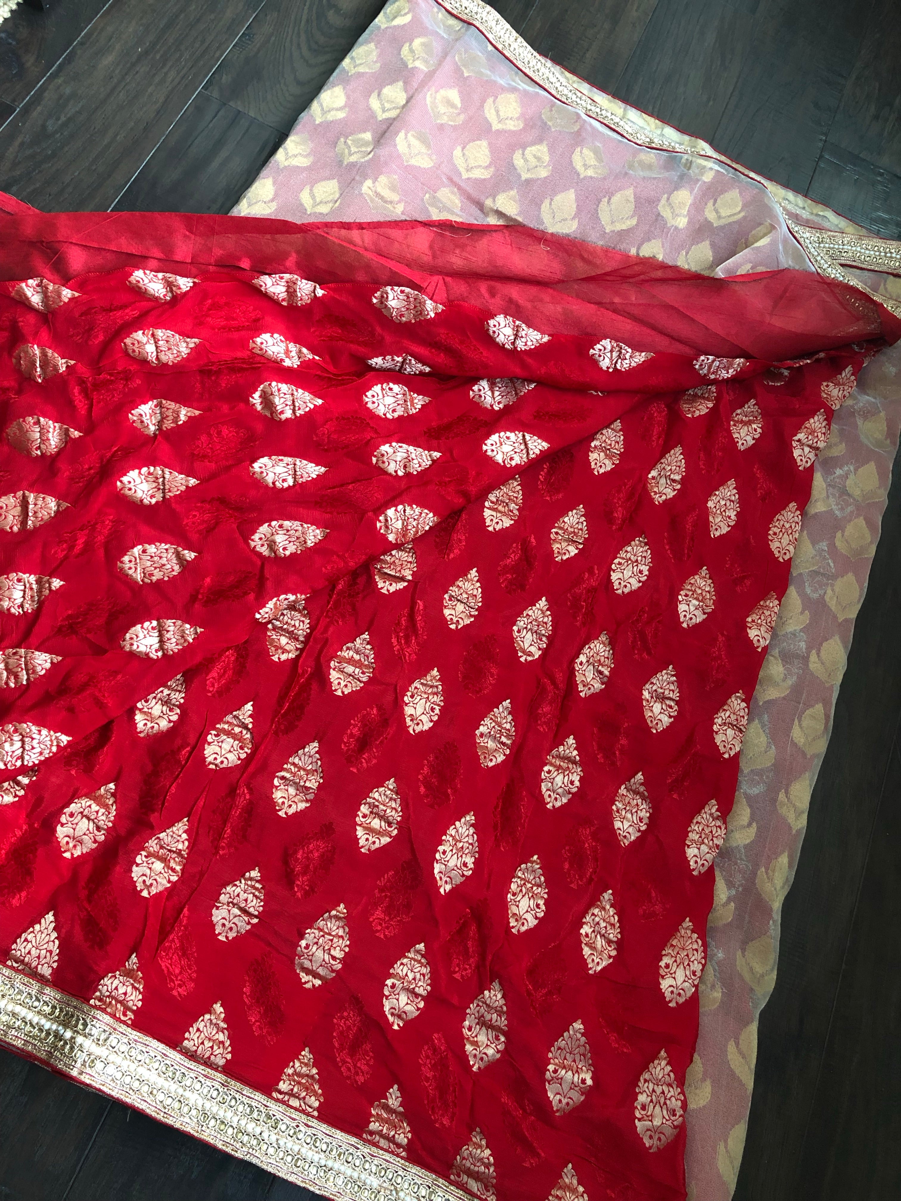 Designer Saree - Golden Tissue Red Soft Silk Half Half