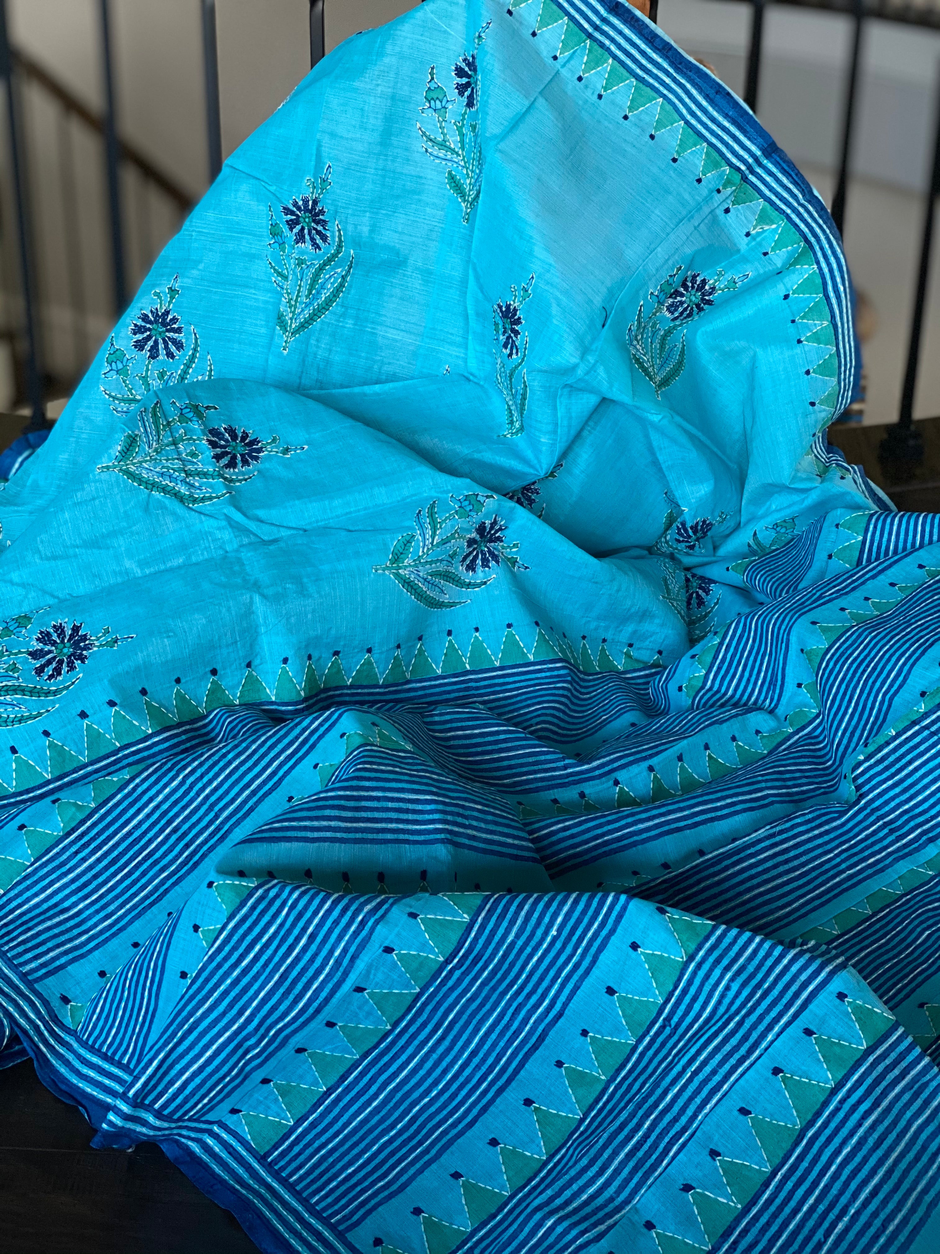 Tussar Silk Kantha Stitch -  Firozi