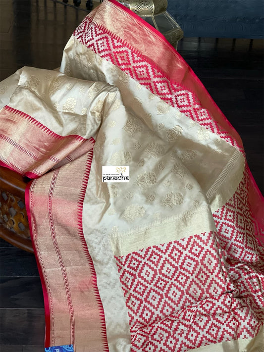 Pure Katan Silk Banarasi - Golden Beige Red Kadwa woven