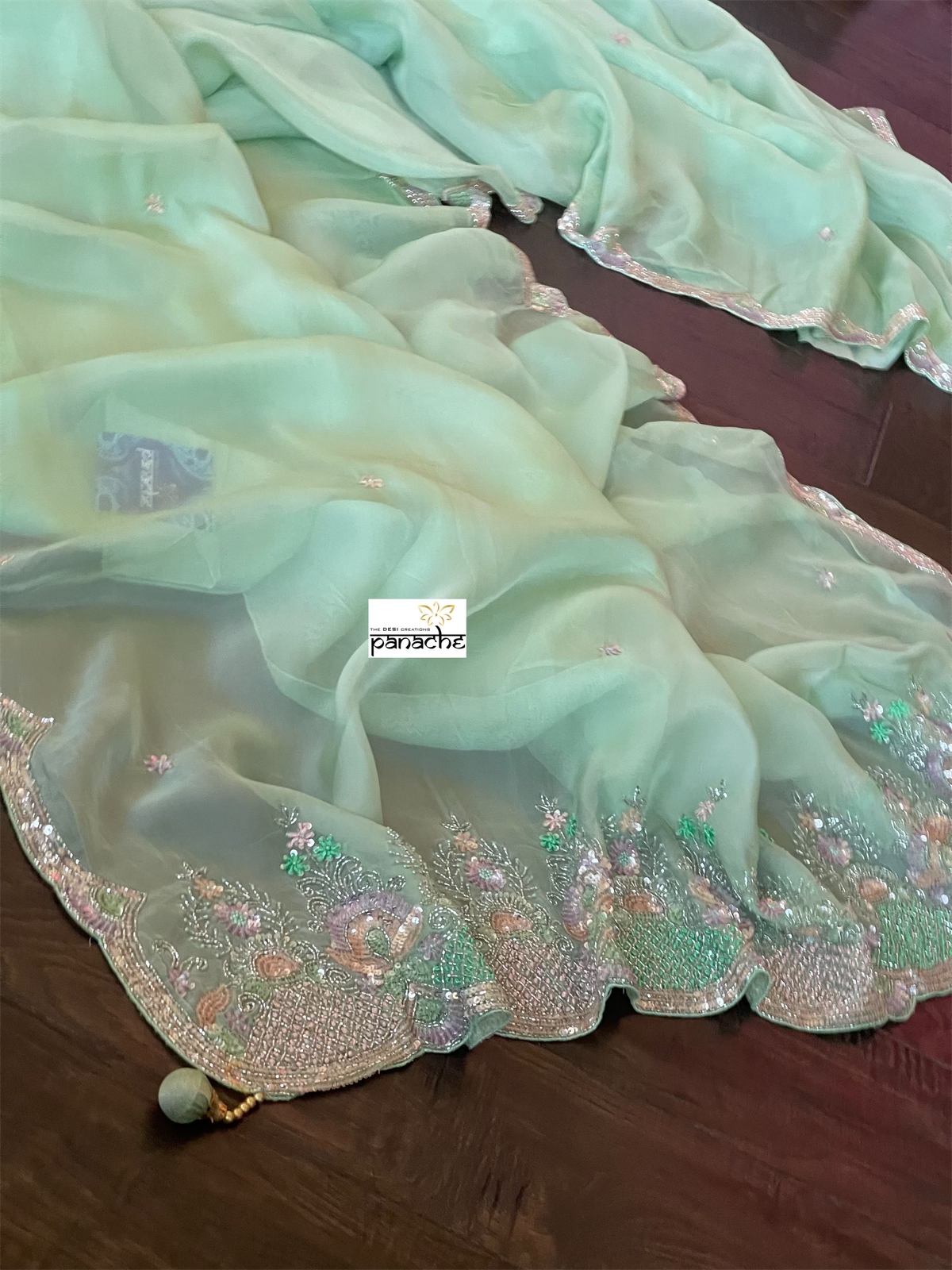 Designer Satin Organza - Mint Hand Embroidered